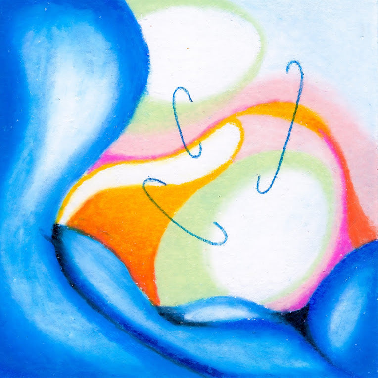 Blue blobs frame the left and bottom sections of the frame. Hugging the inner corner of the blobs are mishapen mint green, orange, and pink blobs with while holes in the middle. each white hole is interconnected with a dark blue ring. 300/365 of the 000/365 collection by charming cavatica