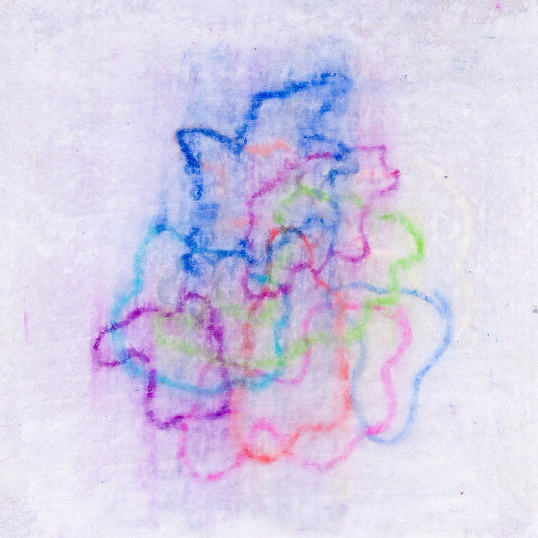 Faded and rubbed out undulating circular lines layered ontop of eachother in orange, blue, lime green, dark purple, and light blue on a faint purple-grey background. 301/365 of the 000/365 collection by charming cavatica