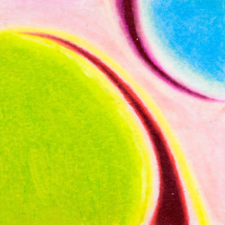 3 colour blocked sections. a lime green half circle to the bottom left, an hourglass shaped peach center, and a half circle blue section to the top right. To either side of the peach hourglass section is a red maroon spiked line. 302/365 of the 000/365 collection by charming cavatica