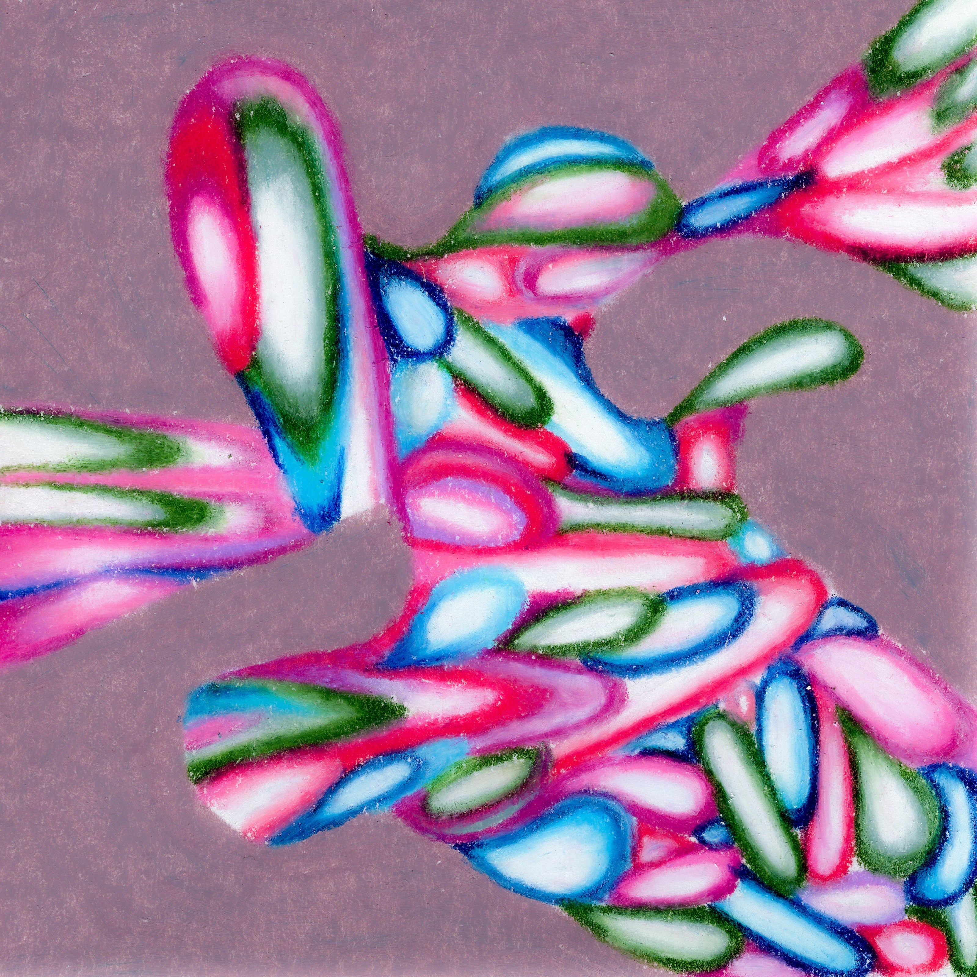 Teardrop-shaped blobs with dark rims of royal blue, forest green, and hot pink fading to light white centers. The entire mass is shaped in an asymmetrical blob. A mauve background. 304/365 of the 000/365 collection by charming cavatica