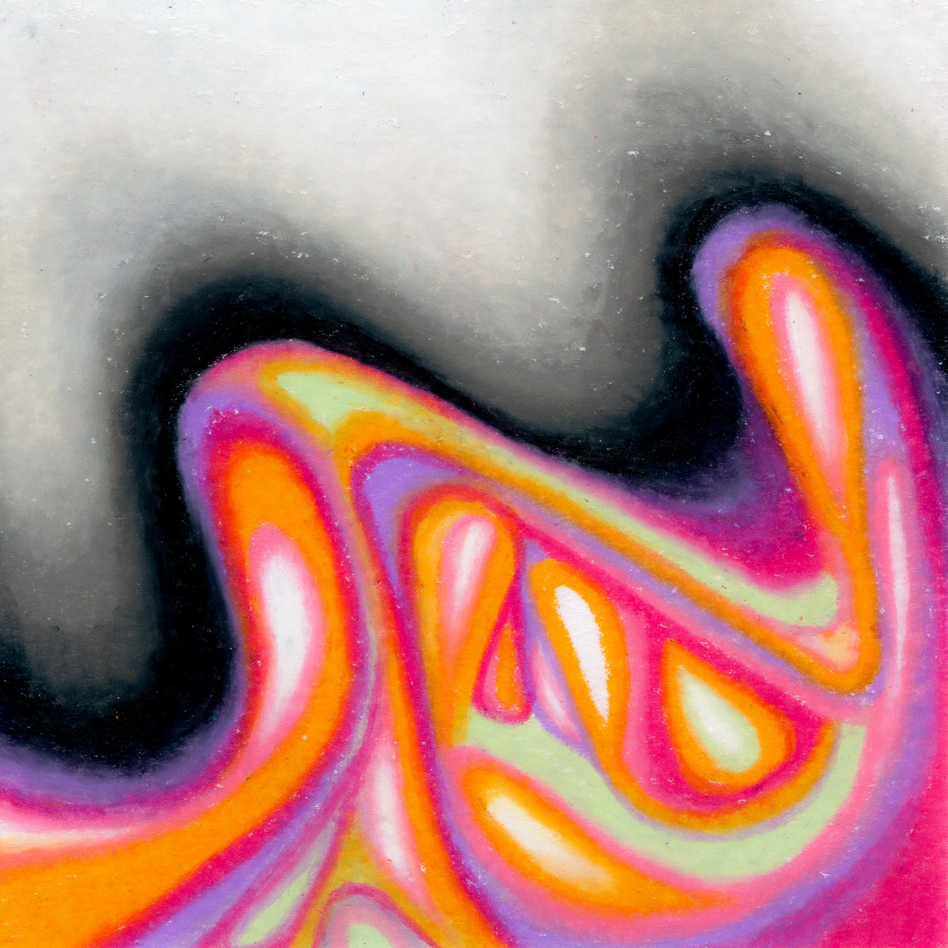 two rolling mountain-like shapes of layered and interwoven lines of orange, hot pink, mint green, and white on the bottom half of the page. The top half hugs the colourful mounds in a black to white gradiant. 305/365 of the 000/365 collection by charming cavatica