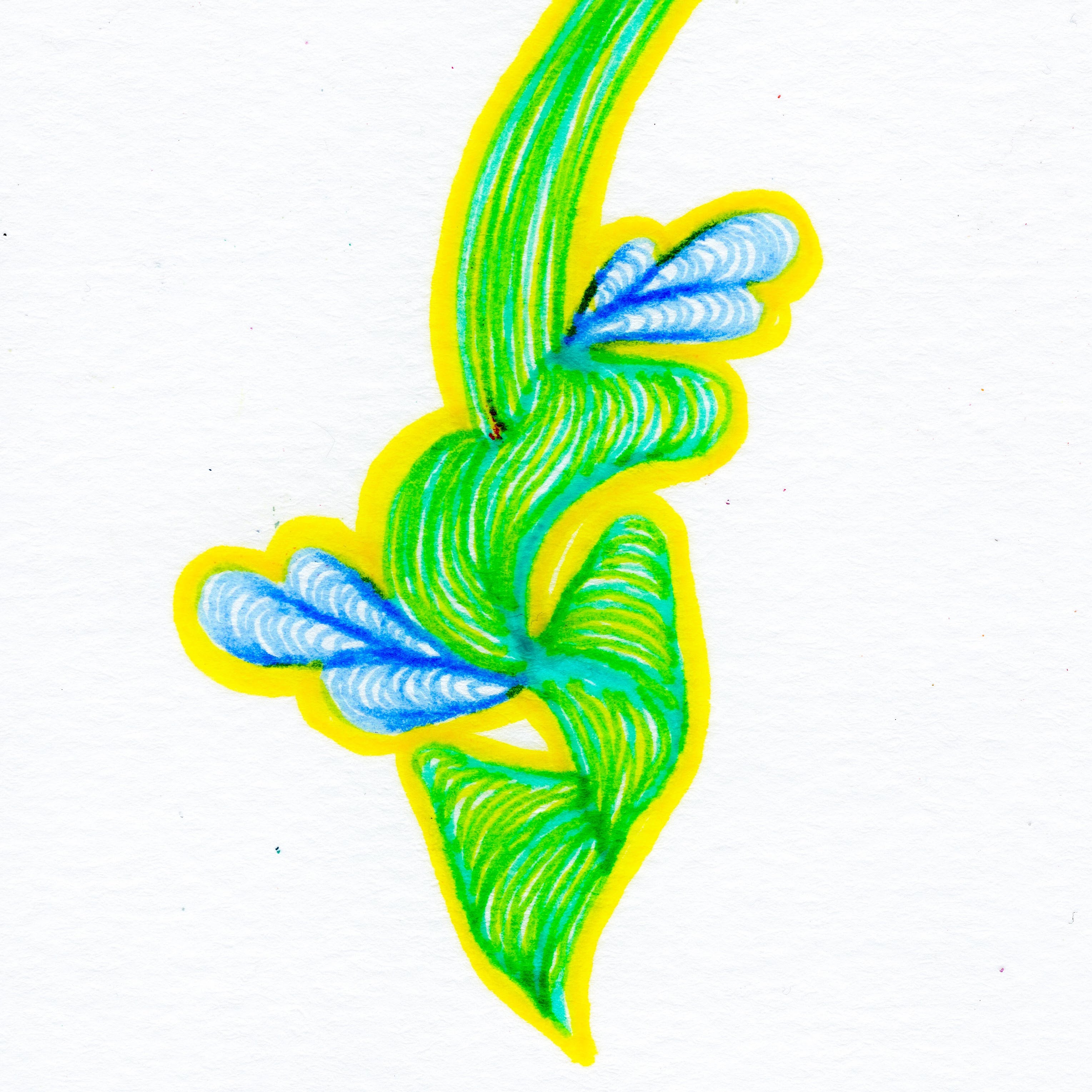Intricate lime green lines hanging from the top down of the frame in the shape of an abstracted flower. A bright yellow haze encompasses the outer layer. A white background. 307/365 of the 000/365 collection by charming cavatica