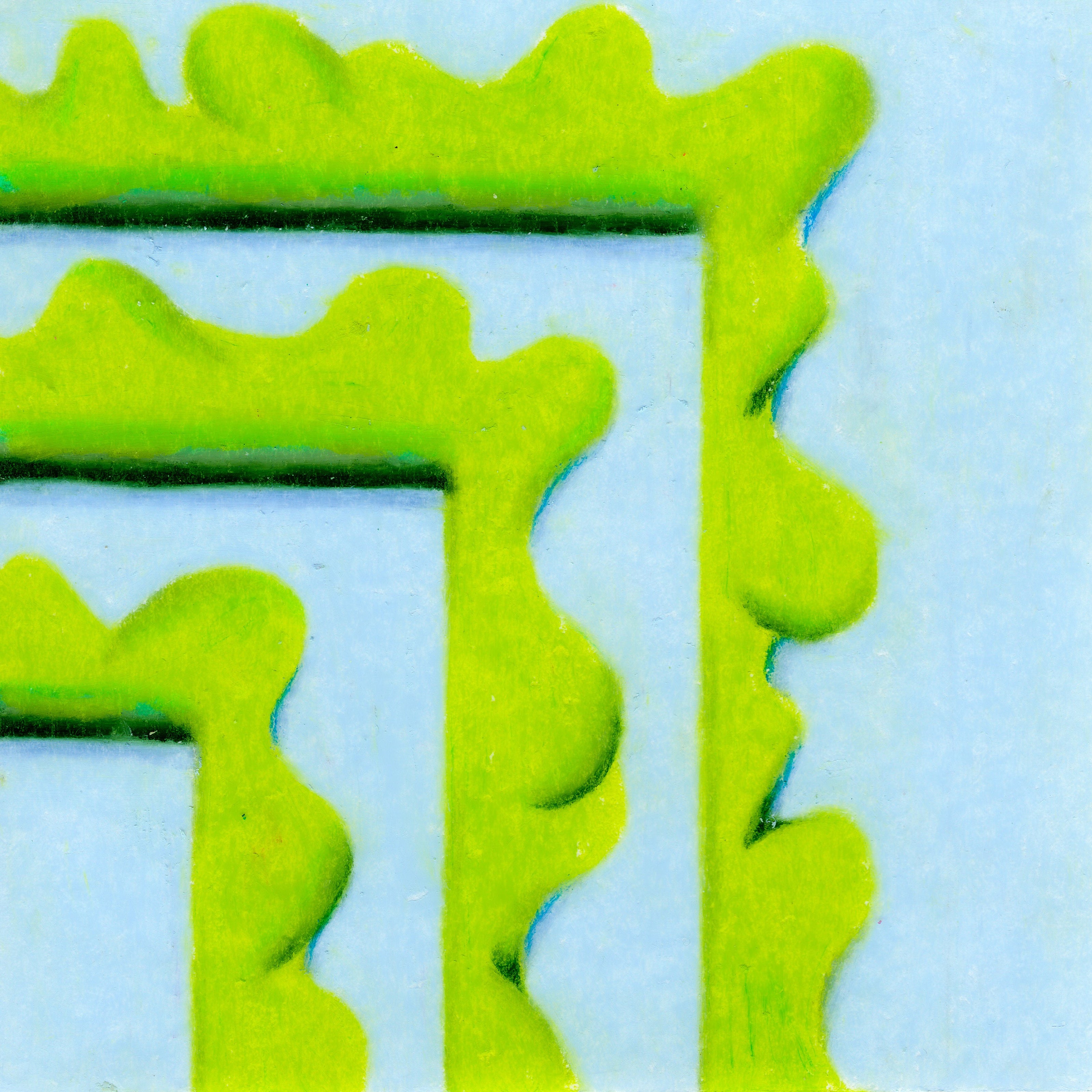 3 lime green, blob-like, L-shaped frame corners lined up from smallest to largest from left to right. 308/365 of the 000/365 collection by charming cavatica