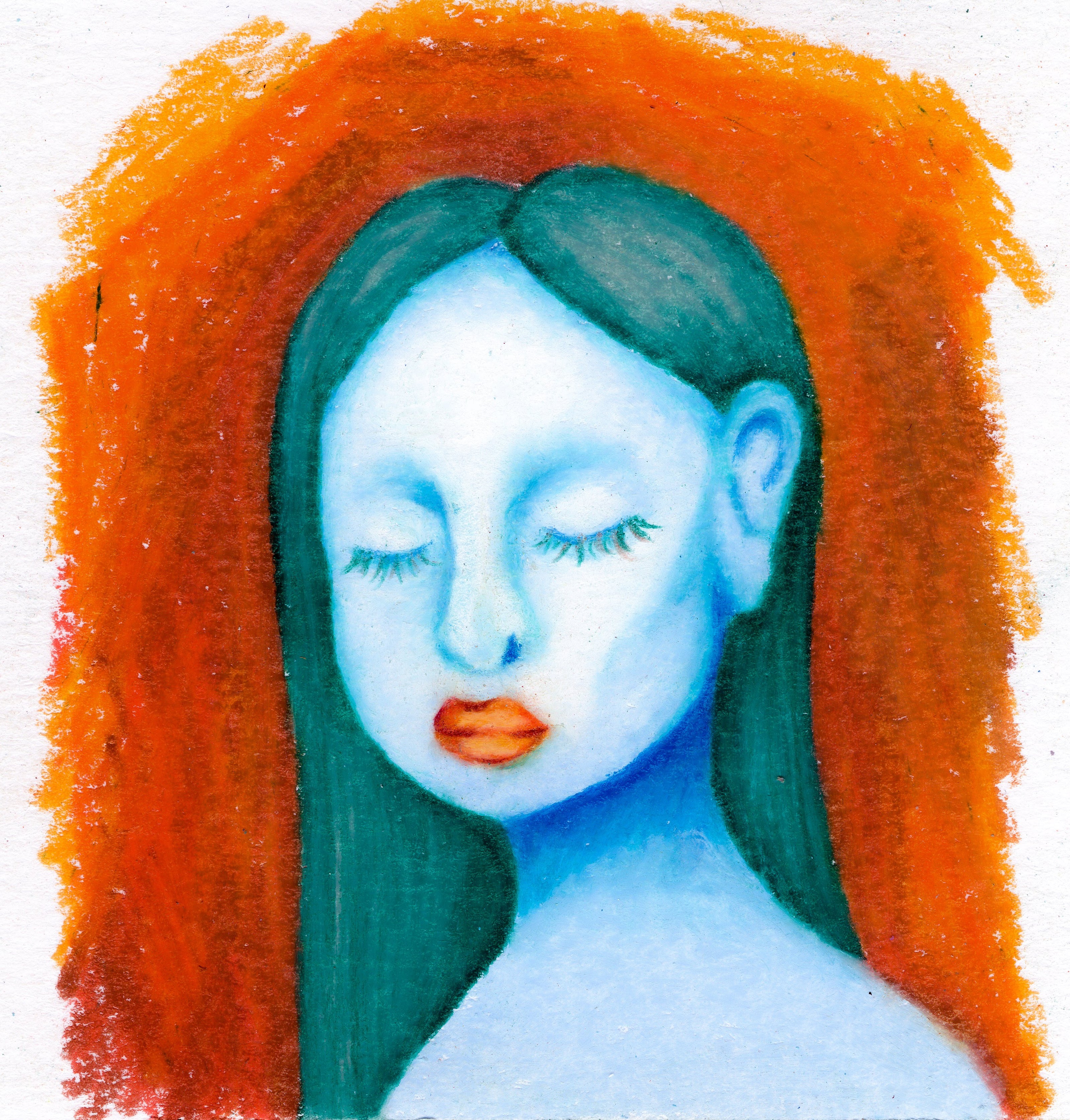 A close-up face of a blue skinned orange lipped womain with long hair. A scribbled orange background behind her. 312/365 of the 000/365 collection by charming cavatica