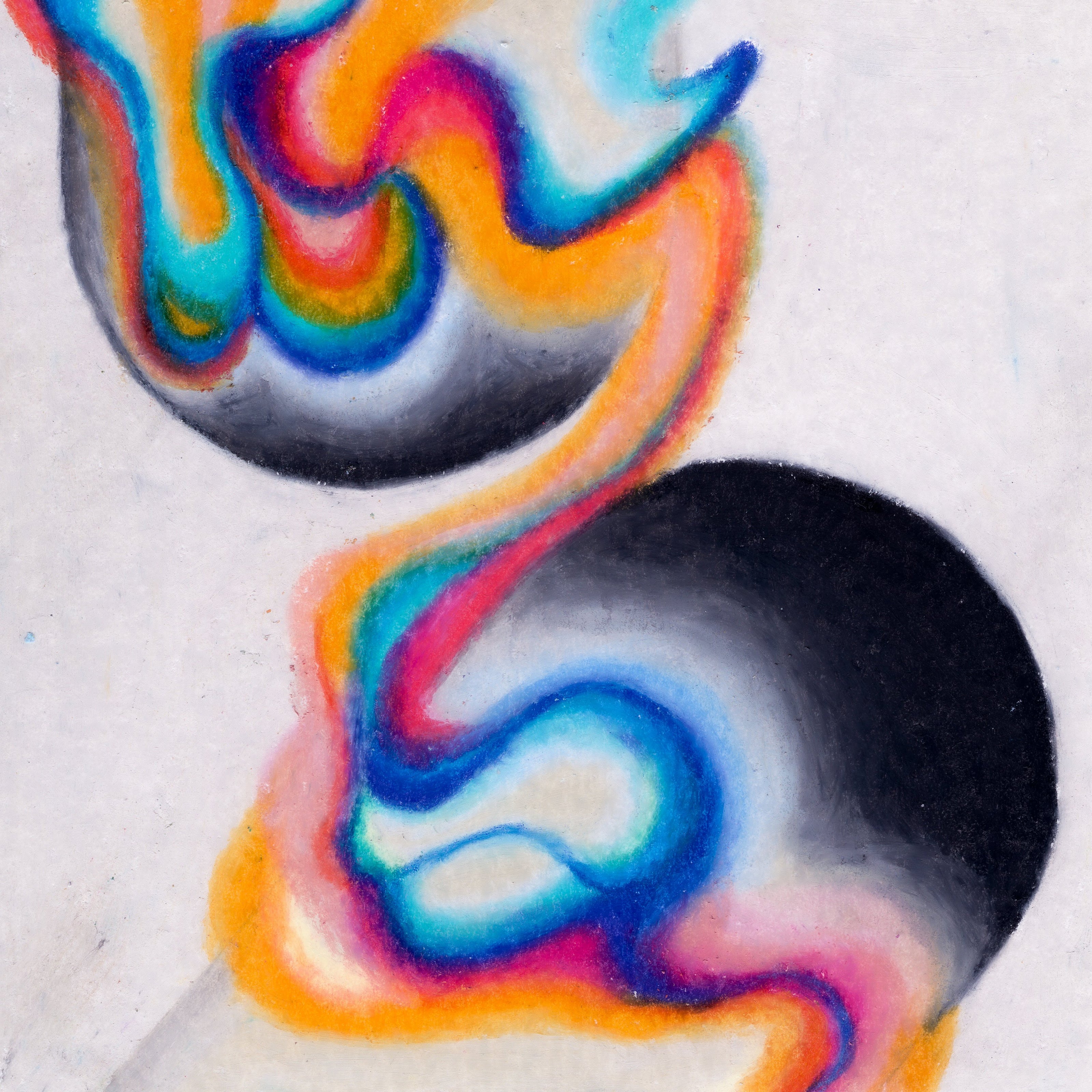 Two diagonal ombre black-to-grey tablet shapes with waves of royal blue, baby blue, hot pink, peach, green, and orange wrapping around the two capsule shapes. 313/365 of the 000/365 collection by charming cavatica