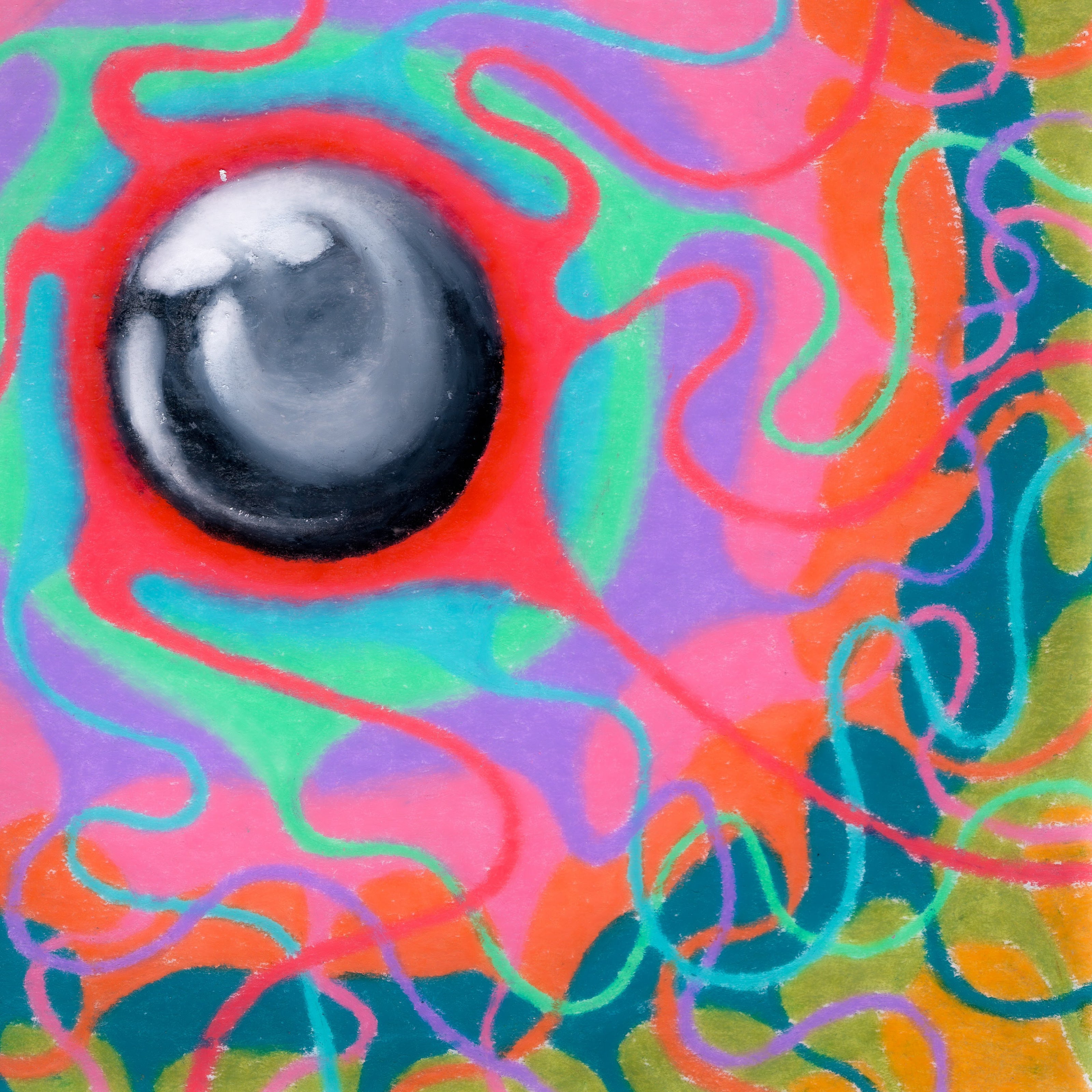 A bowling ball-like orb surrounded by intricate layers of chery red, teal, seafoam green, lavender purple, olive green, and mustard yellow squiggling overlapping layers. 314/365 of the 000/365 collection by charming cavatica