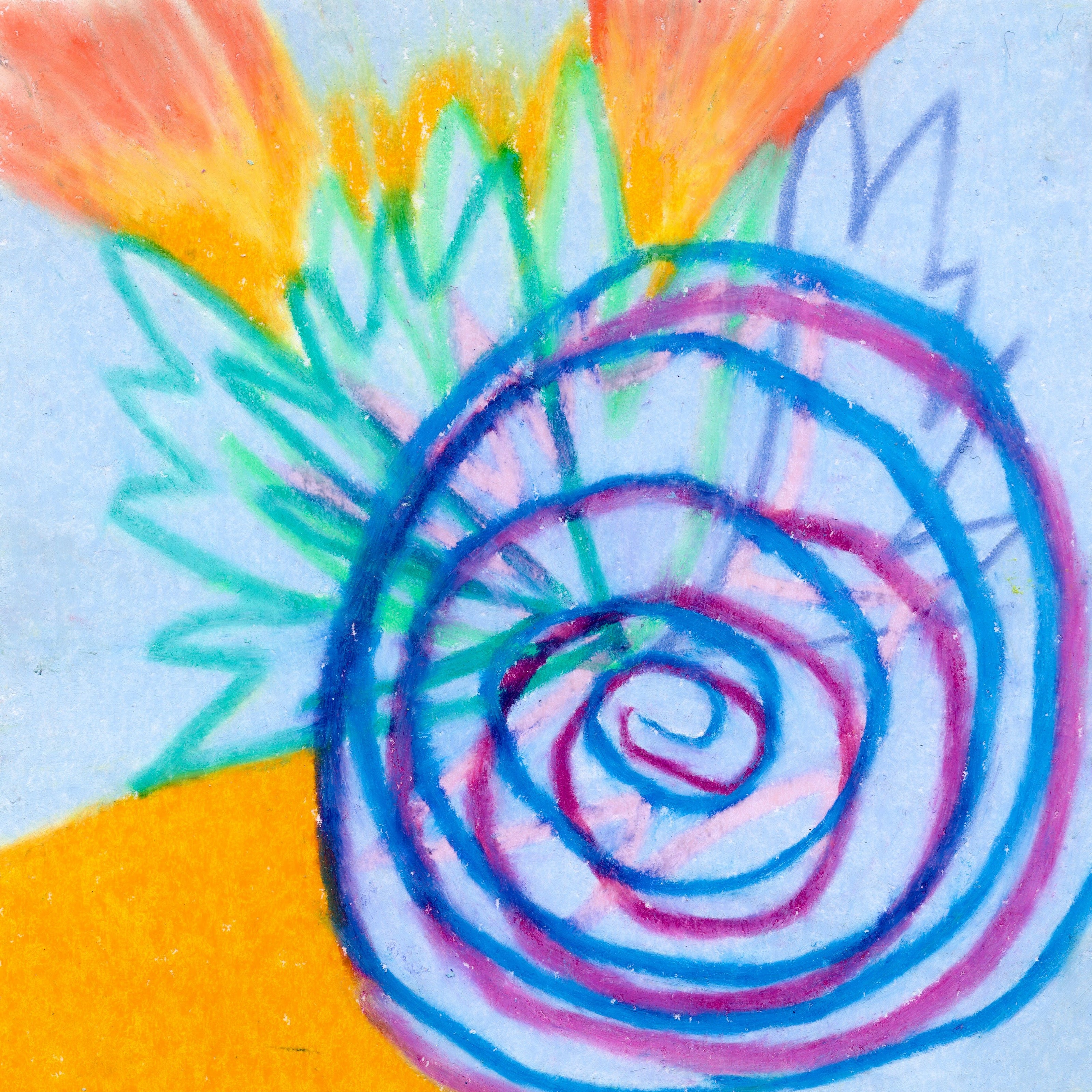 A blue and purple spiral in the bottom right corner with green spikes sticking outward. A blue background with yellow colour-blocked sections. 315/365 of the 000/365 collection by charming cavatica