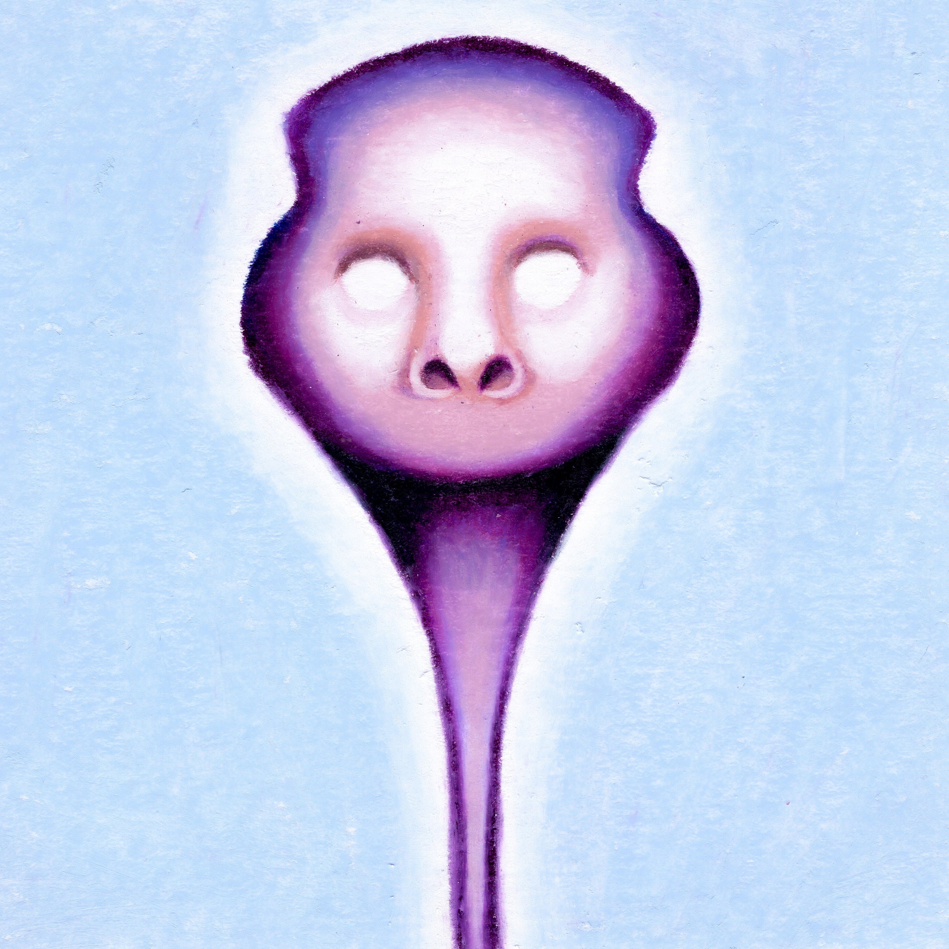 A closeup of a purple face with white eyes, a nose, and a missing mouth. A long needle-thin long neck. A light blue background. 316/365 of the 000/365 collection by charming cavatica