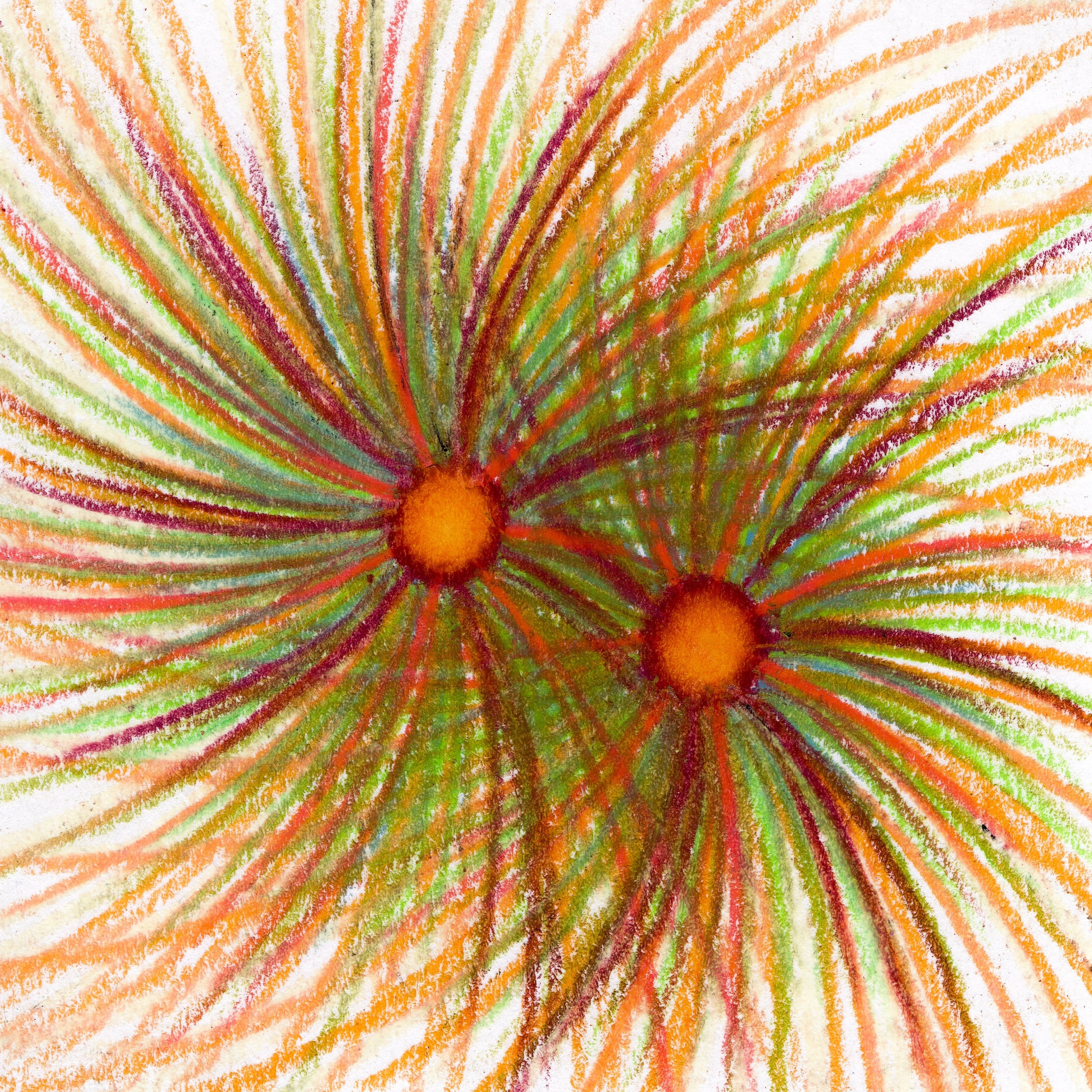 Two orange balls with lime green, dark maroon, and light orange feathered strokes jutting out of each circle. 319/365 of the 000/365 collection by charming cavatica