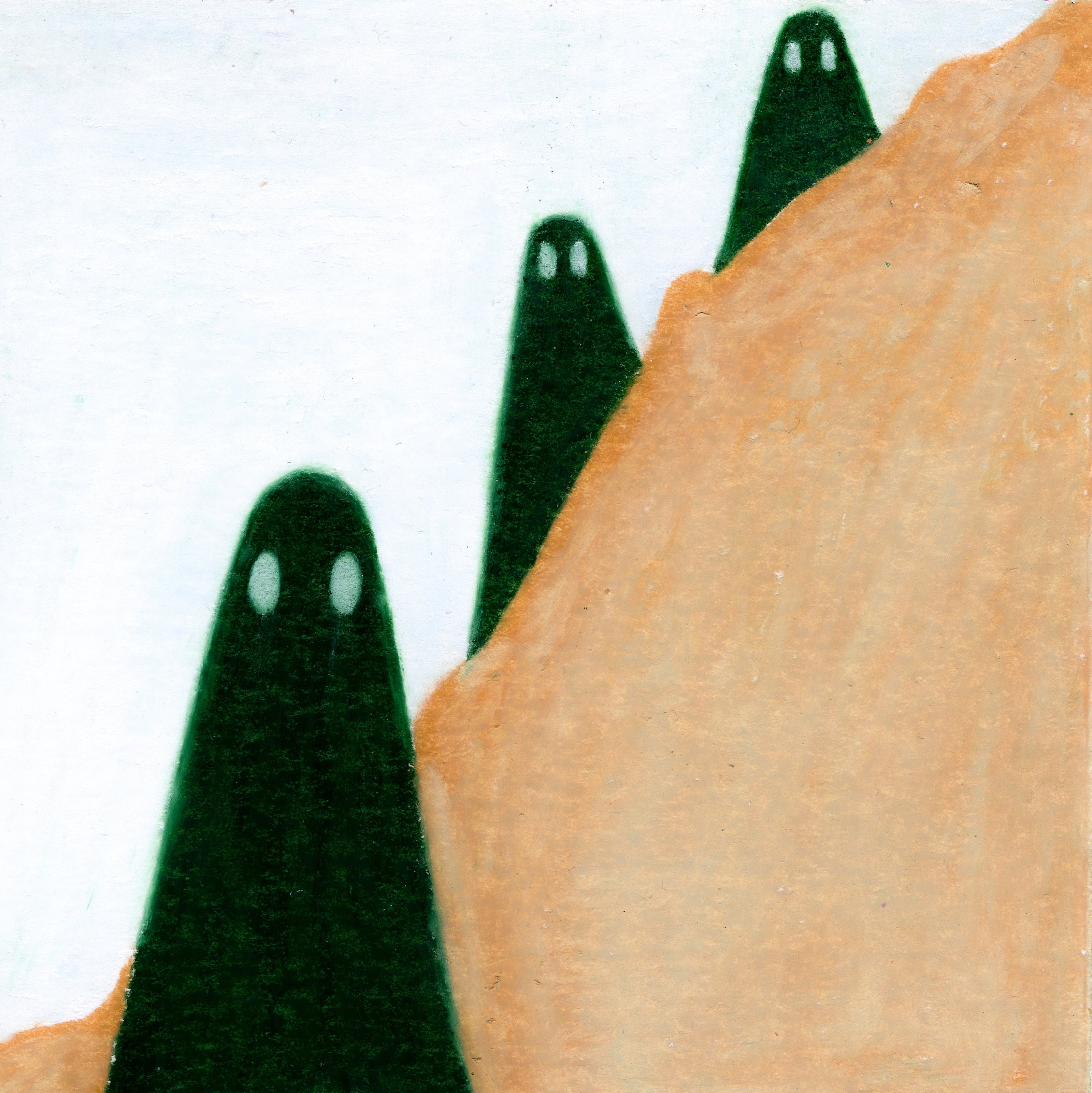 A light beige dune with three deep green thumb-shaped figures. One figure is in the foreground infront of the dune, one in the mid-ground on the dune, and the third in the background behind the dune. 320/365 of the 000/365 collection by charming cavatica