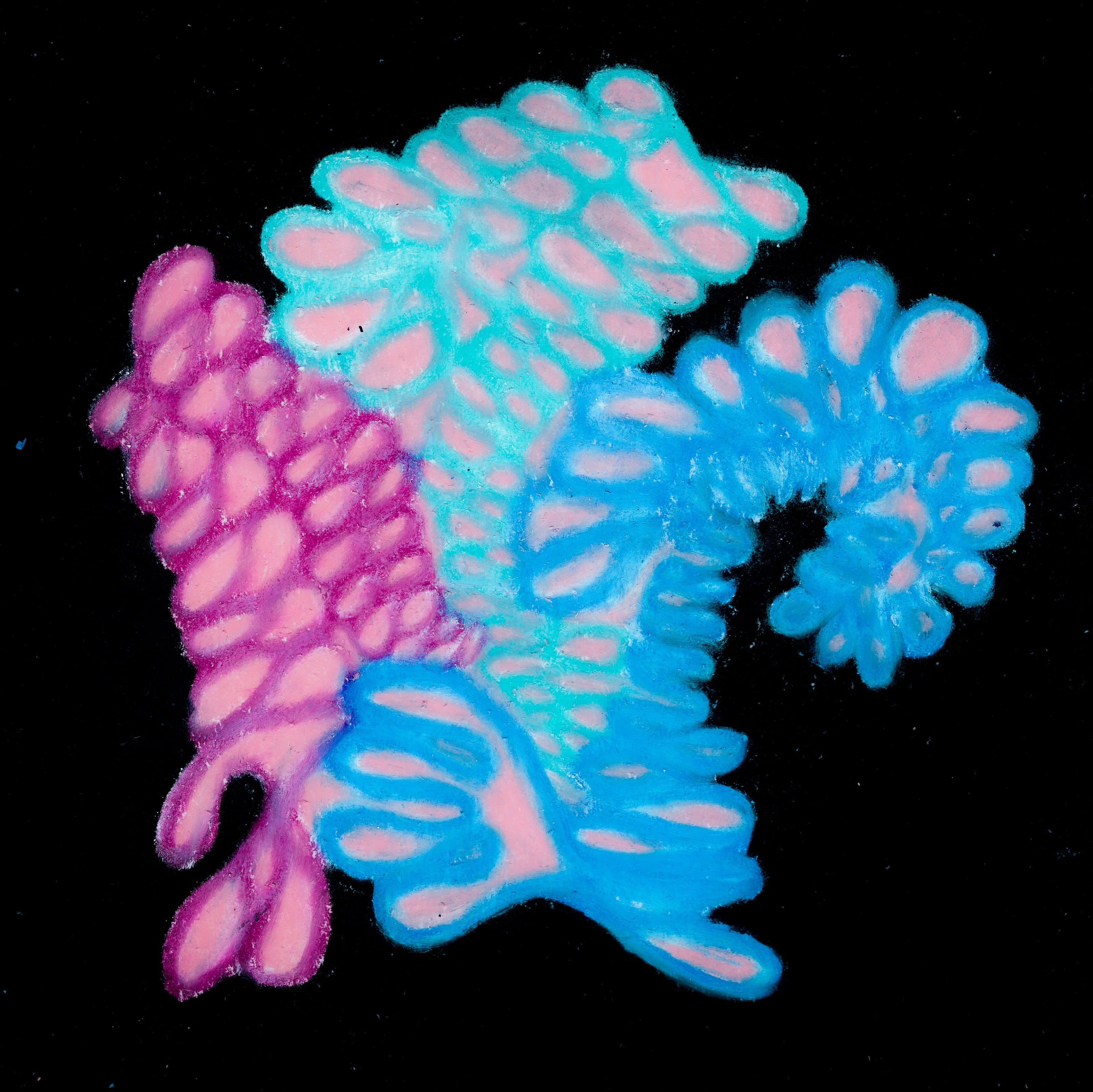 Circular wiggles in shades of purple, teal, and light blue. The innermost parts of each circular squiggle are a shade of light pink. On a black background. 323/365 of the 000/365 collection by charming cavatica