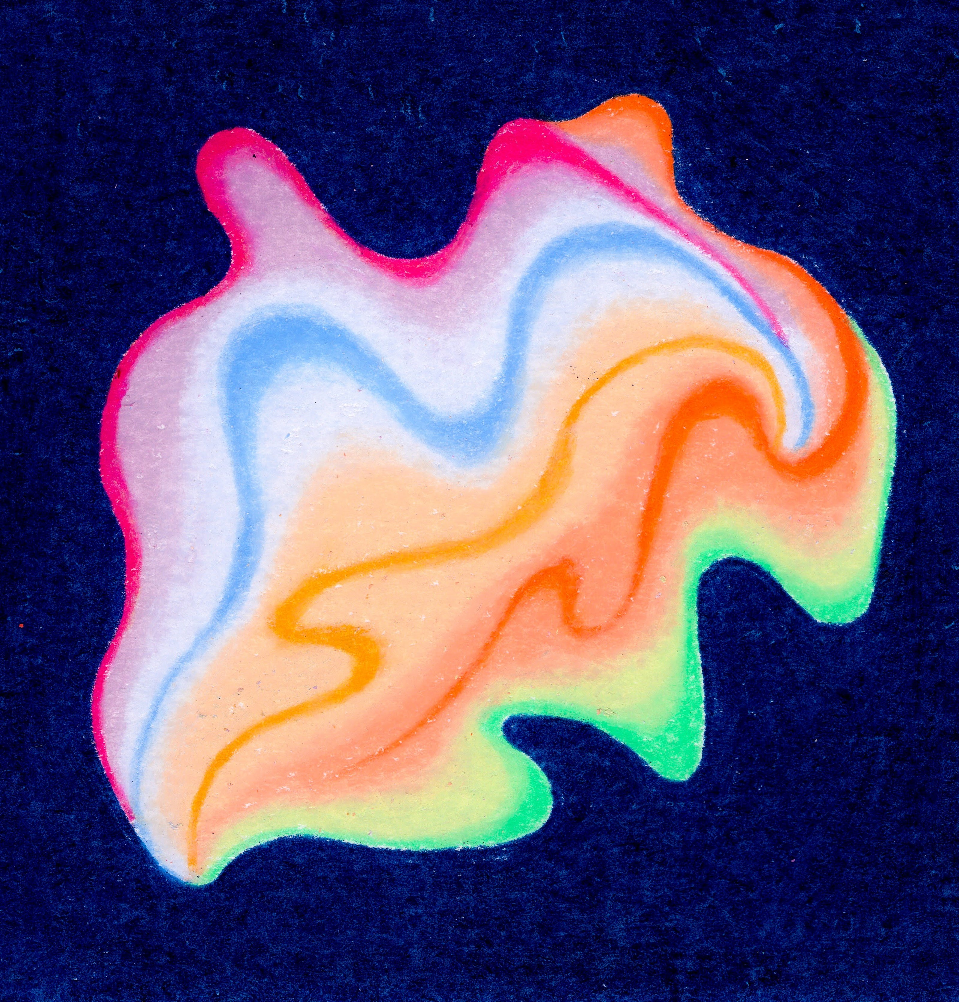 A misshapen blob with wiggling lines of hot pink, light blue, pale yellow, orange, and lime green with a gentle glowing haze, melding together into one distinct mass. 325/365 of the 000/365 collection by charming cavatica