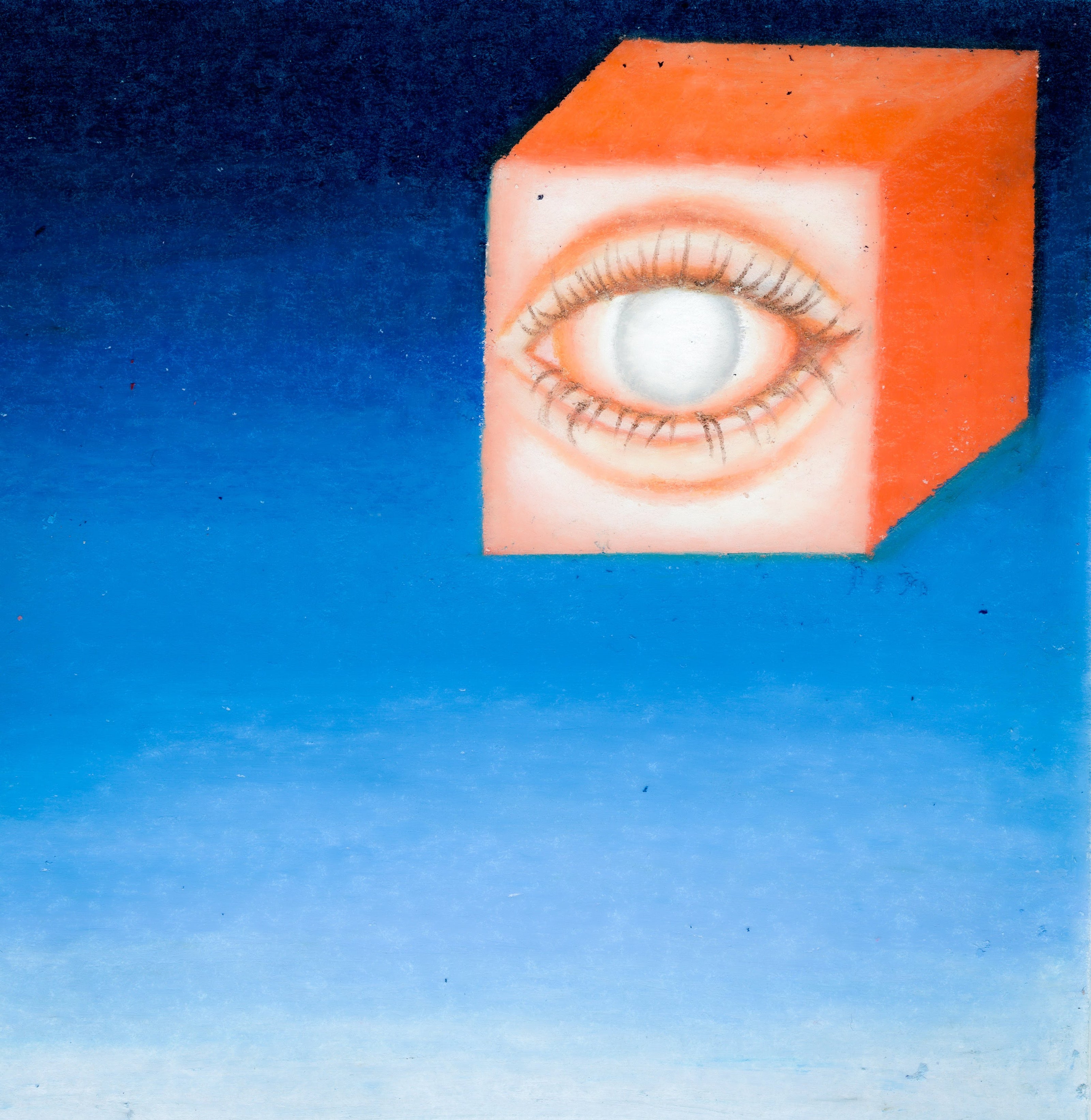 A floating orange cube with an eyeball on a dark blue to light blue gradient background. 326/365 of the 000/365 collection by charming cavatica