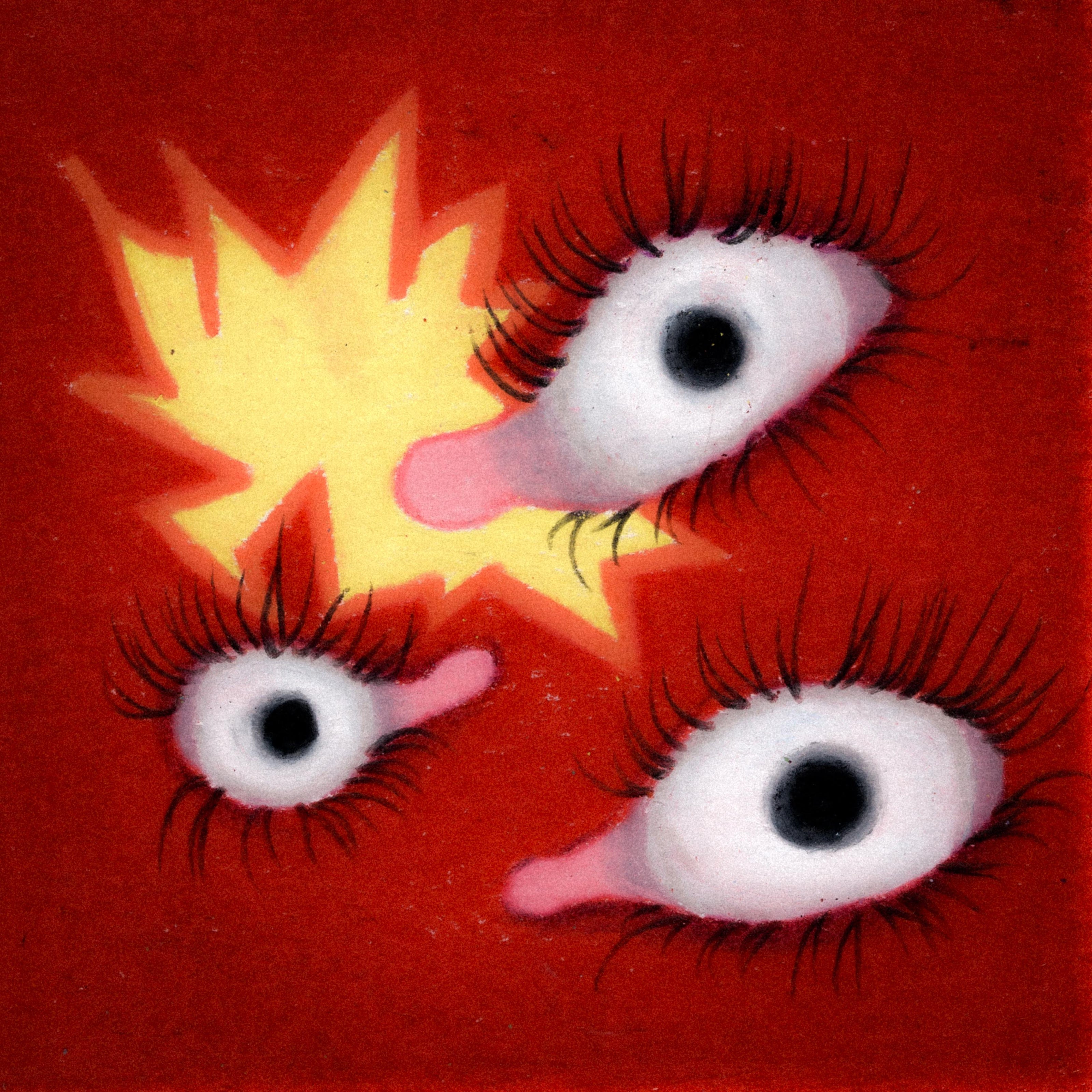 3 floating misshapen eyeballs infront of a yellow spoked misshapen blob. A red background. 333/365 of the 000/365 collection by charming cavatica