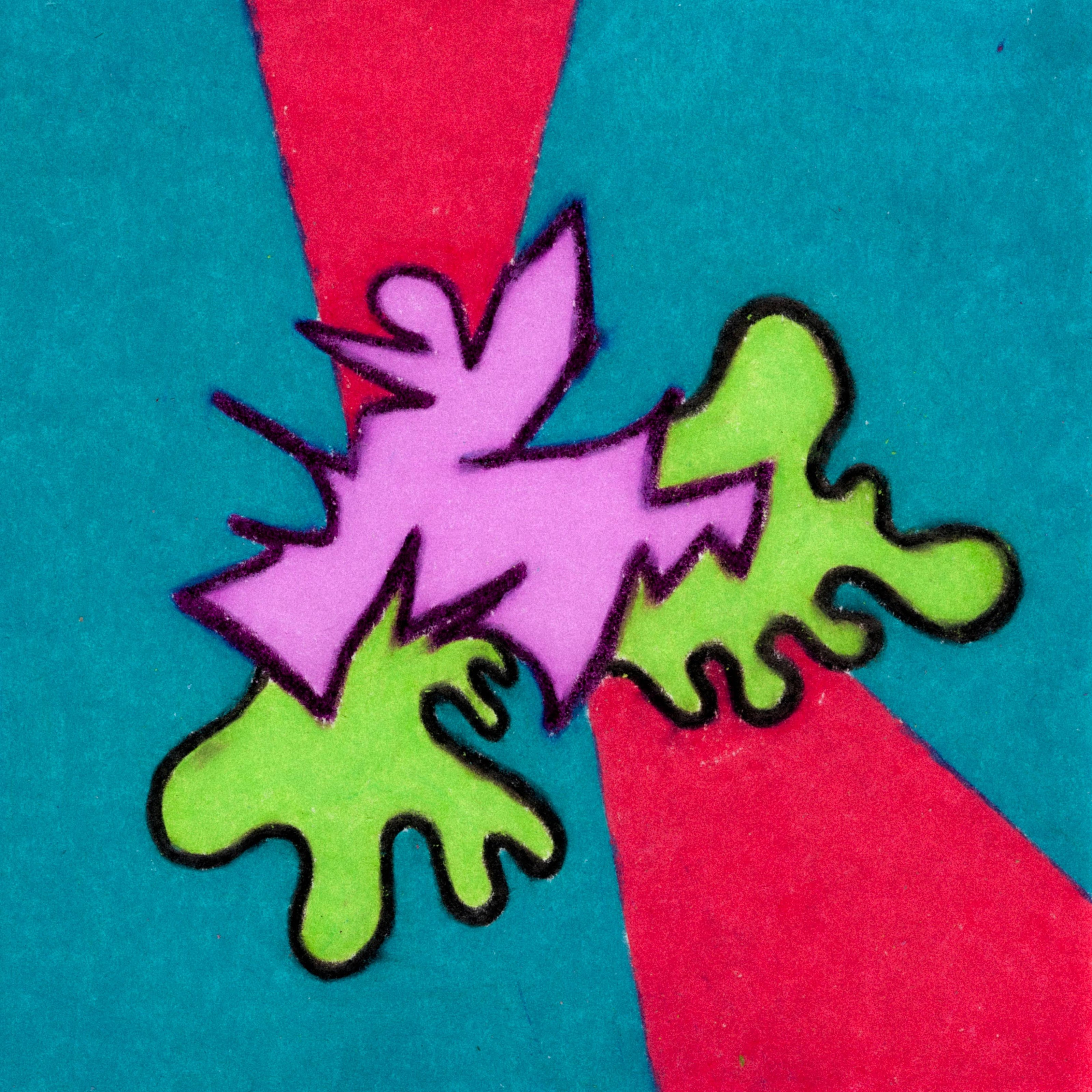 1 purple and 2 lime green misshapen masses with black outlines laying overtop one another. Dark teal blue background with a cherry red stripe splitting the background down the middle. 334/365 of the 000/365 collection by charming cavatica