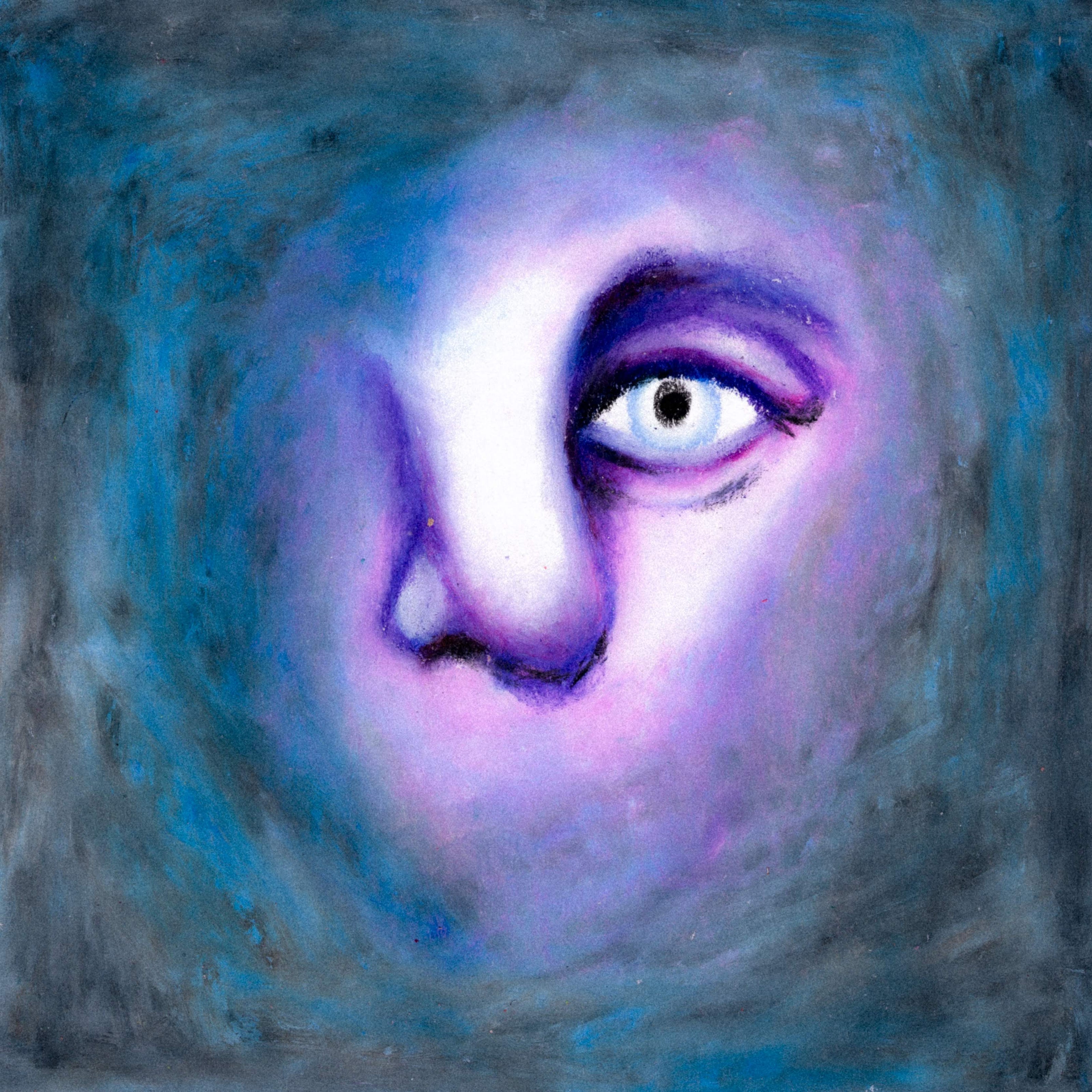 Closeup of the left eye and nose of a purple face amidst a cloudly black-blue foggy hue. 336/365 of the 000/365 collection by charming cavatica