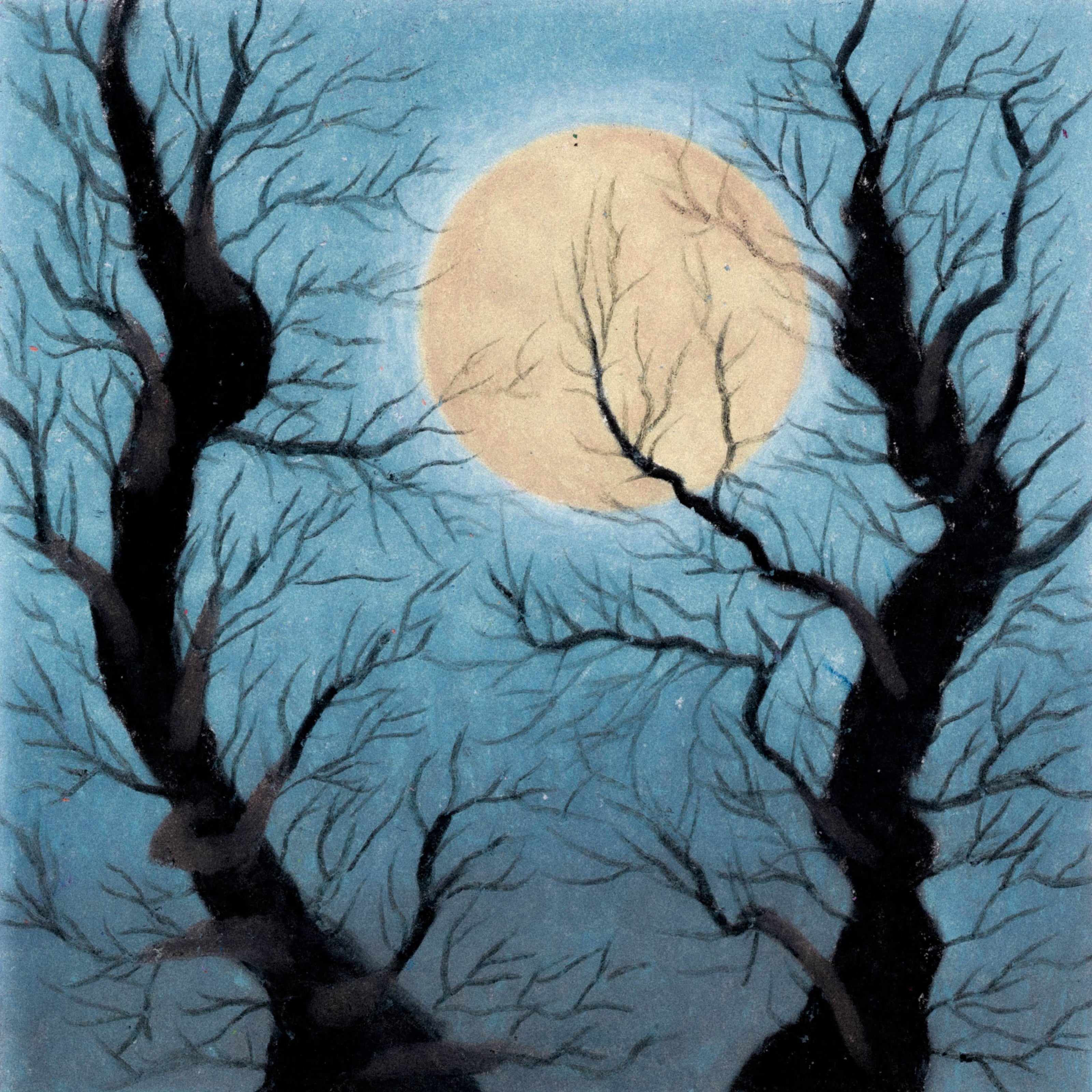 Two black silouetted trees hugging around a pale yellow moon. A dark medium-toned blue sky in the background with a gentle gradient the closer it hugs the moon. 337/365 of the 000/365 collection by charming cavatica