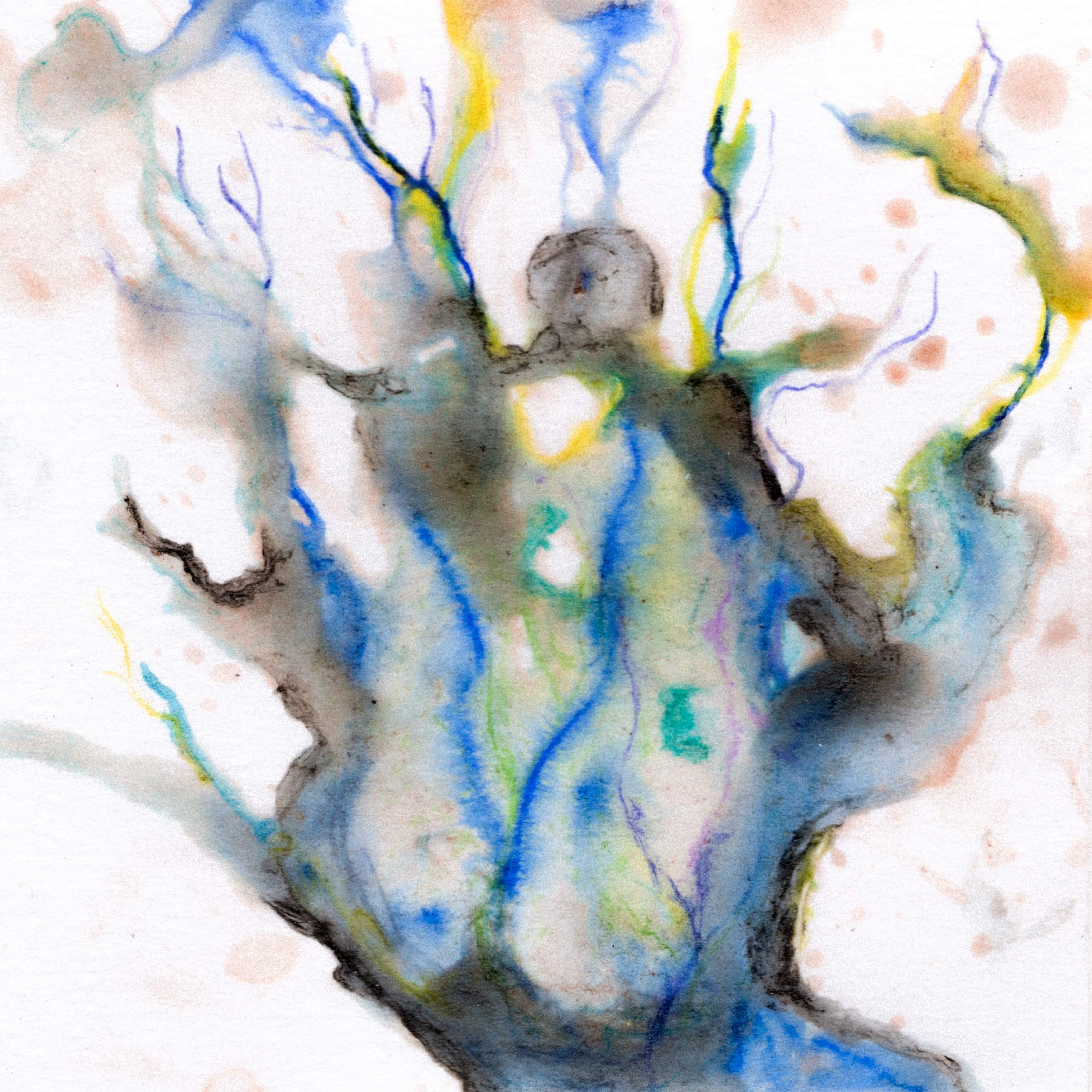 A splatter of black, blue, yellow, and green ink on a white background layed in a light wash of colour. 338/365 of the 000/365 collection by charming cavatica