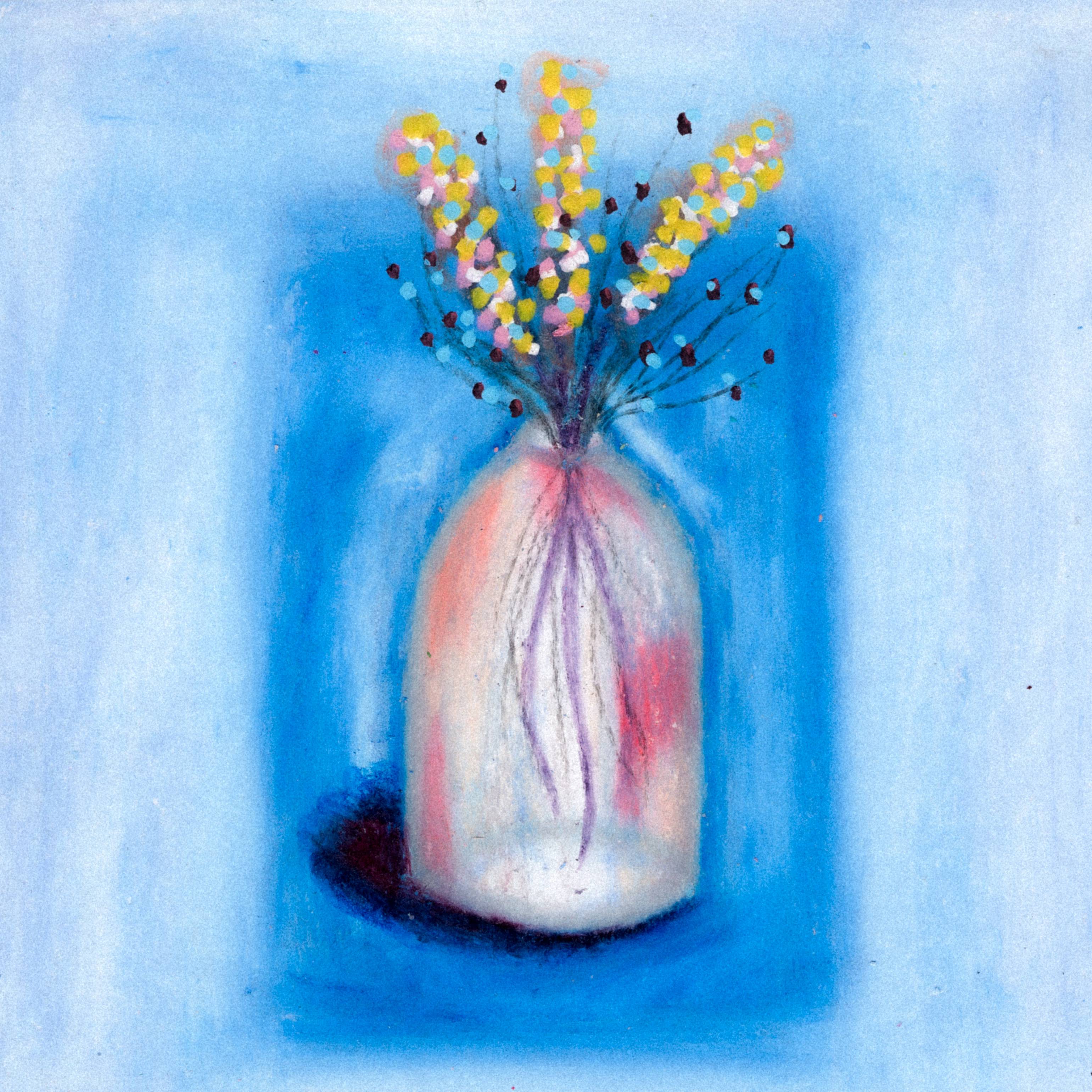 A glass vase holding yellow long cylindrical flowers on a blur background. 339/365 of the 000/365 collection by charming cavatica
