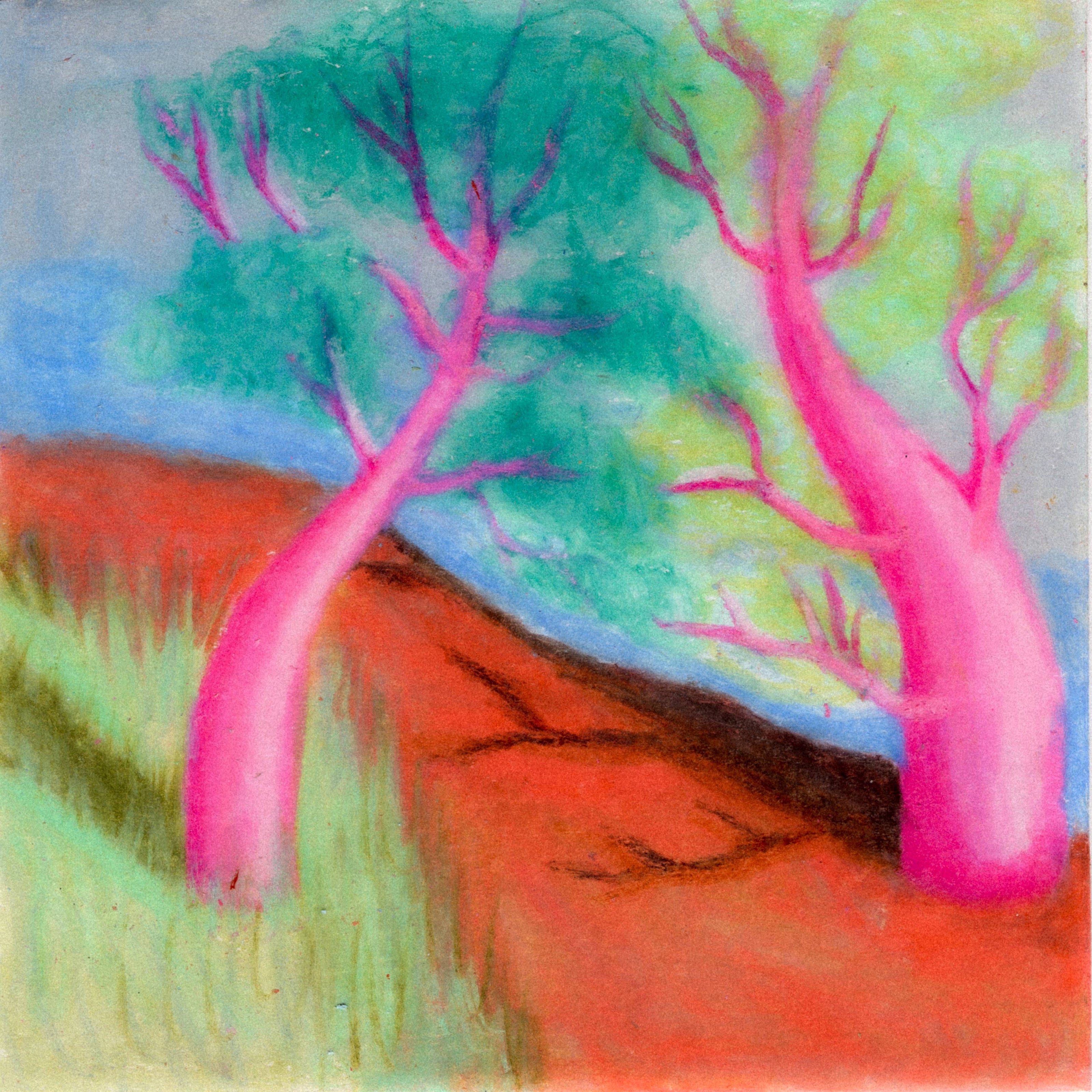 An orange pathway between two pink trees with lime and teal green leaves. Shadows from the trees are casting onto the pathway and grass below. 344/365 of the 000/365 collection by charming cavatica
