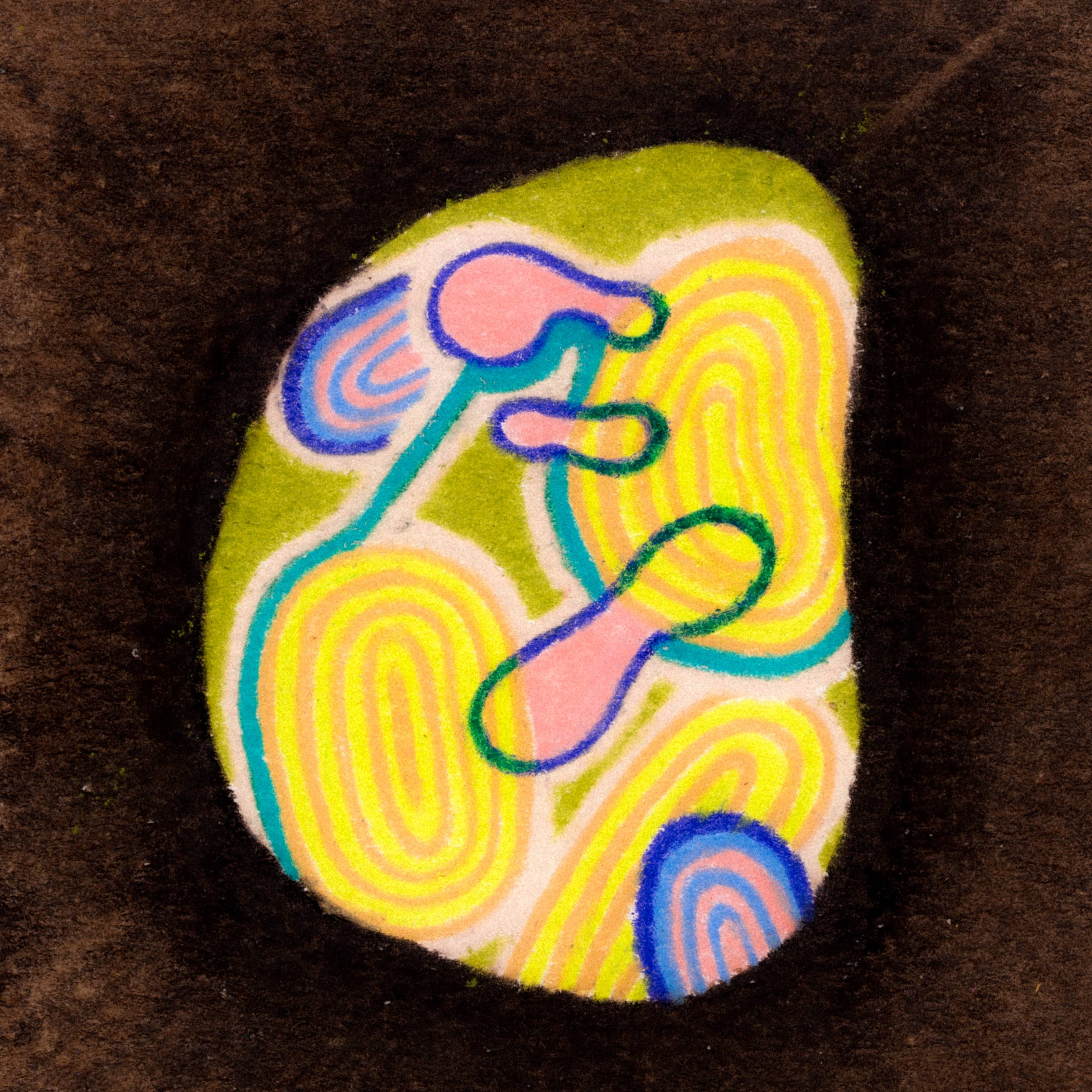 A slightly misshapen olive green oval with yellow and peach circular rings within. Thin blue oval lines around peach blobs. Dark brown background. 346/365 of the 000/365 collection by charming cavatica