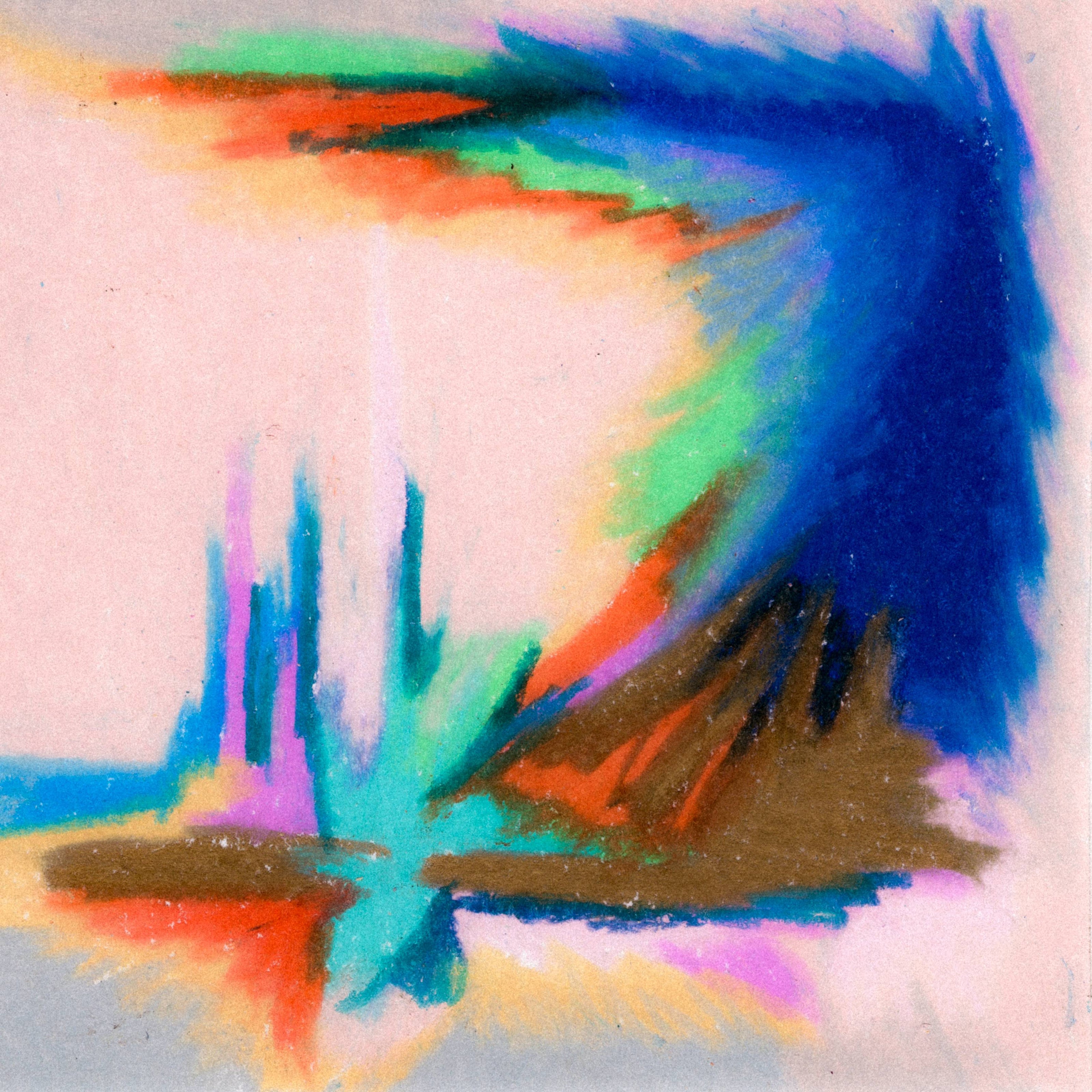 A royal blue burst of colour in the top right corner, trickling down into shades of bronze, teal, and lavender spiking upward into the bottom half of the frame to the lefthand side. A soft peach background. 347/365 of the 000/365 collection by charming cavatica