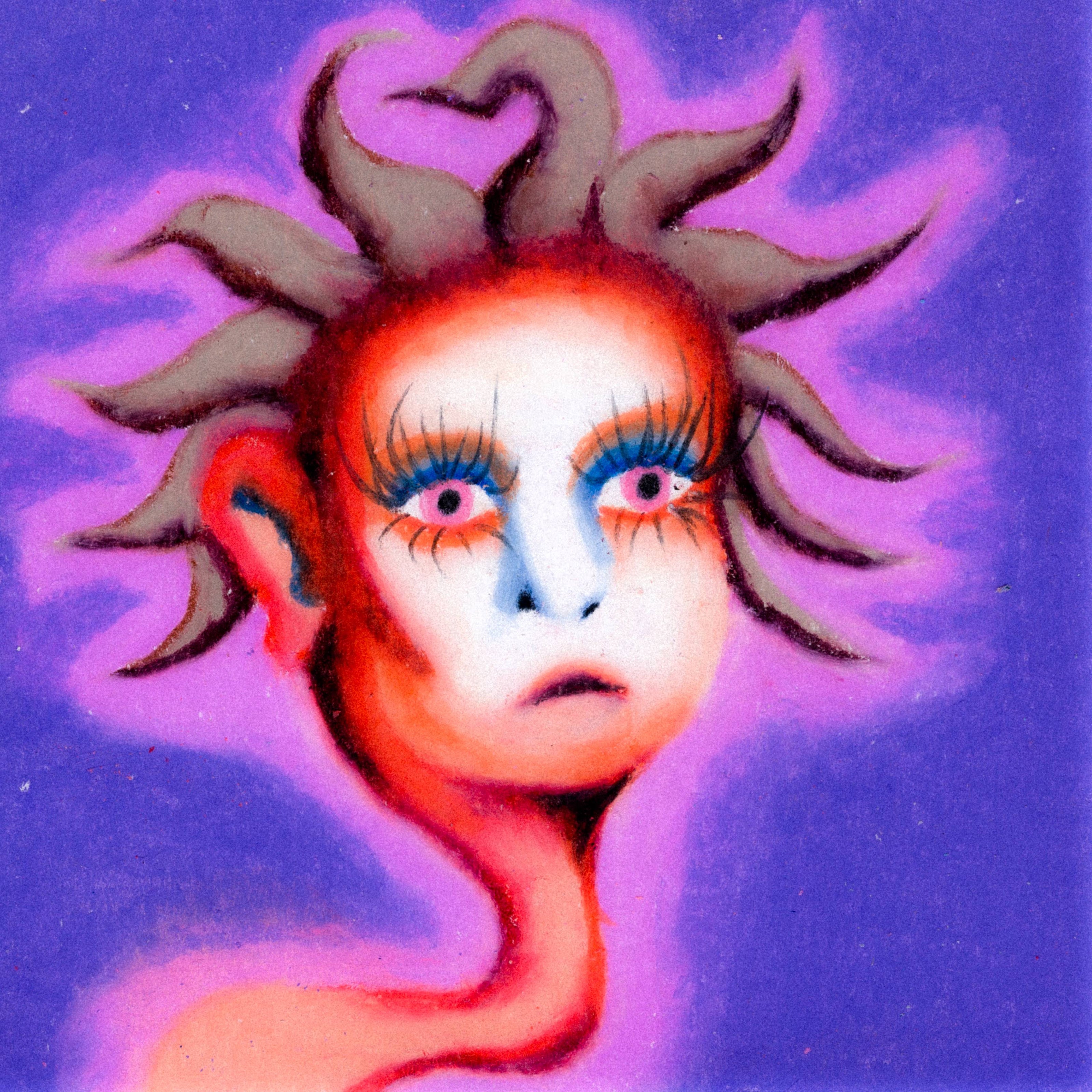 A close-up of a long necked, oranged skinned person with brown hair spiked in all directions. The background has a slight purple haze around the figure. 350/365 of the 000/365 collection by charming cavatica