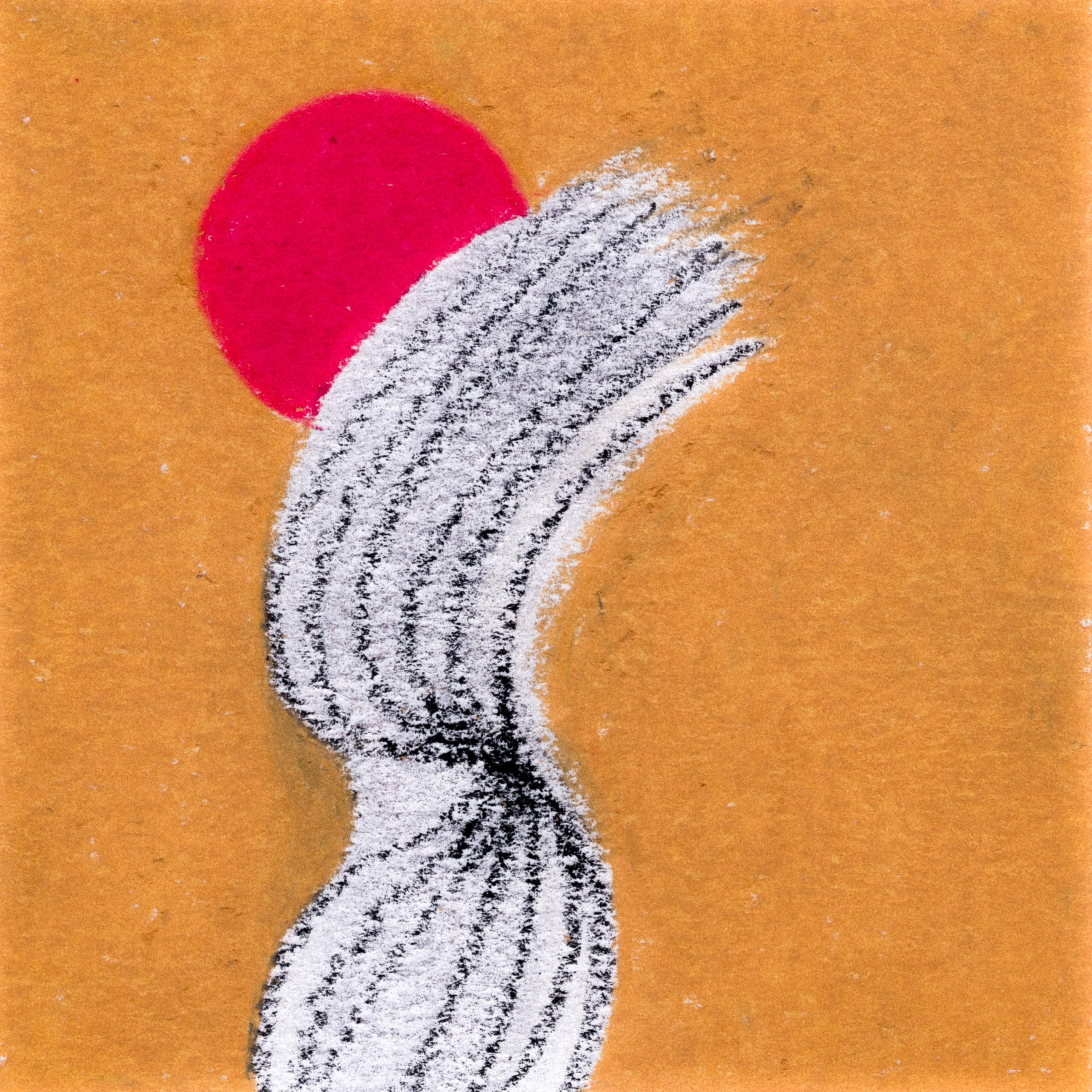 7 smudged black lines in the shape of a curved hourglass. A red dot rests just behind the hourglass. a mustard yellow background. 354/365 of the 000/365 collection by charming cavatica