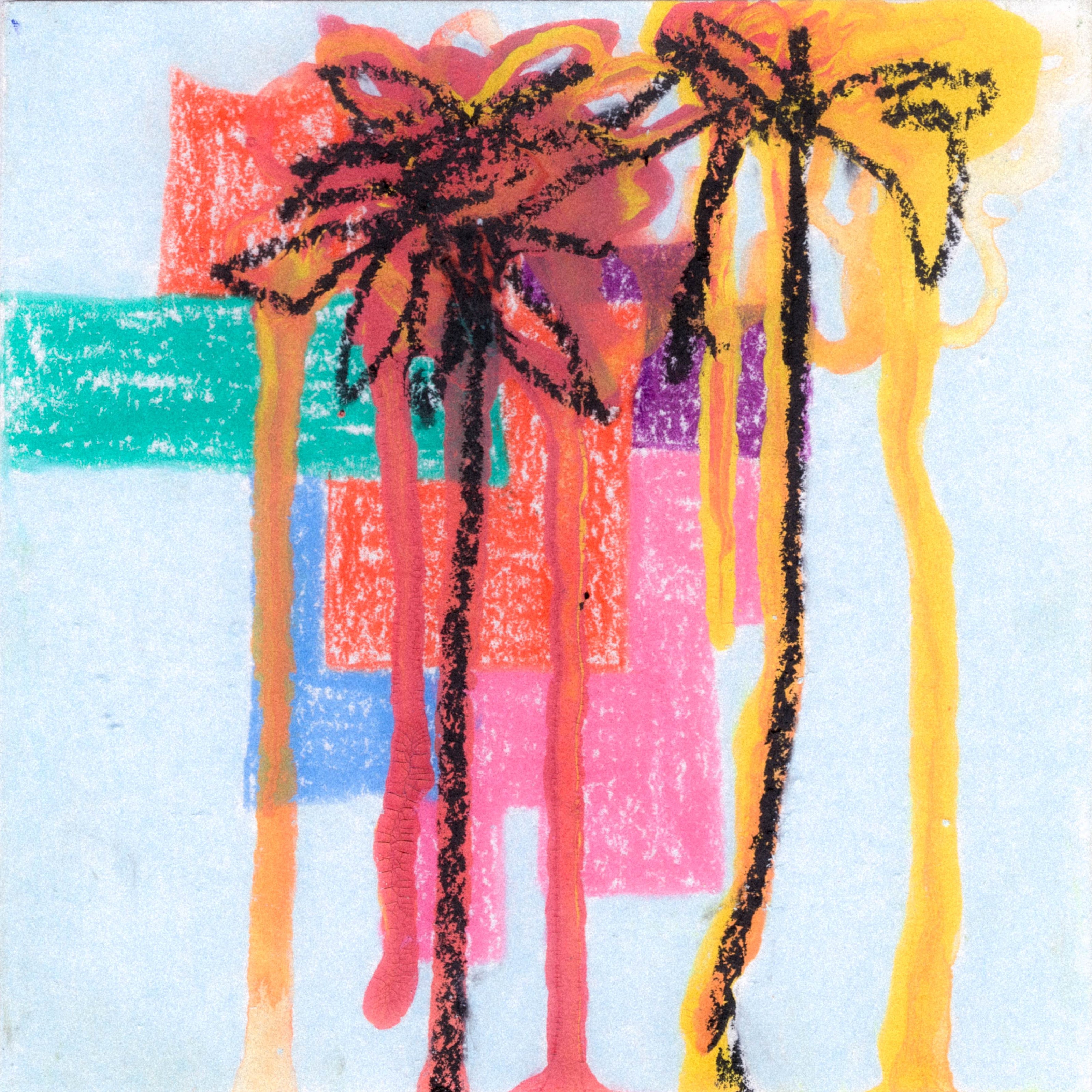Black scribbles in the shape of two palm trees. red and yellow scribbles highlight the scribbled trees in the background, with coloured blocks of pink, red,green, and teal in the background. 355/365 of the 000/365 collection by charming cavatica