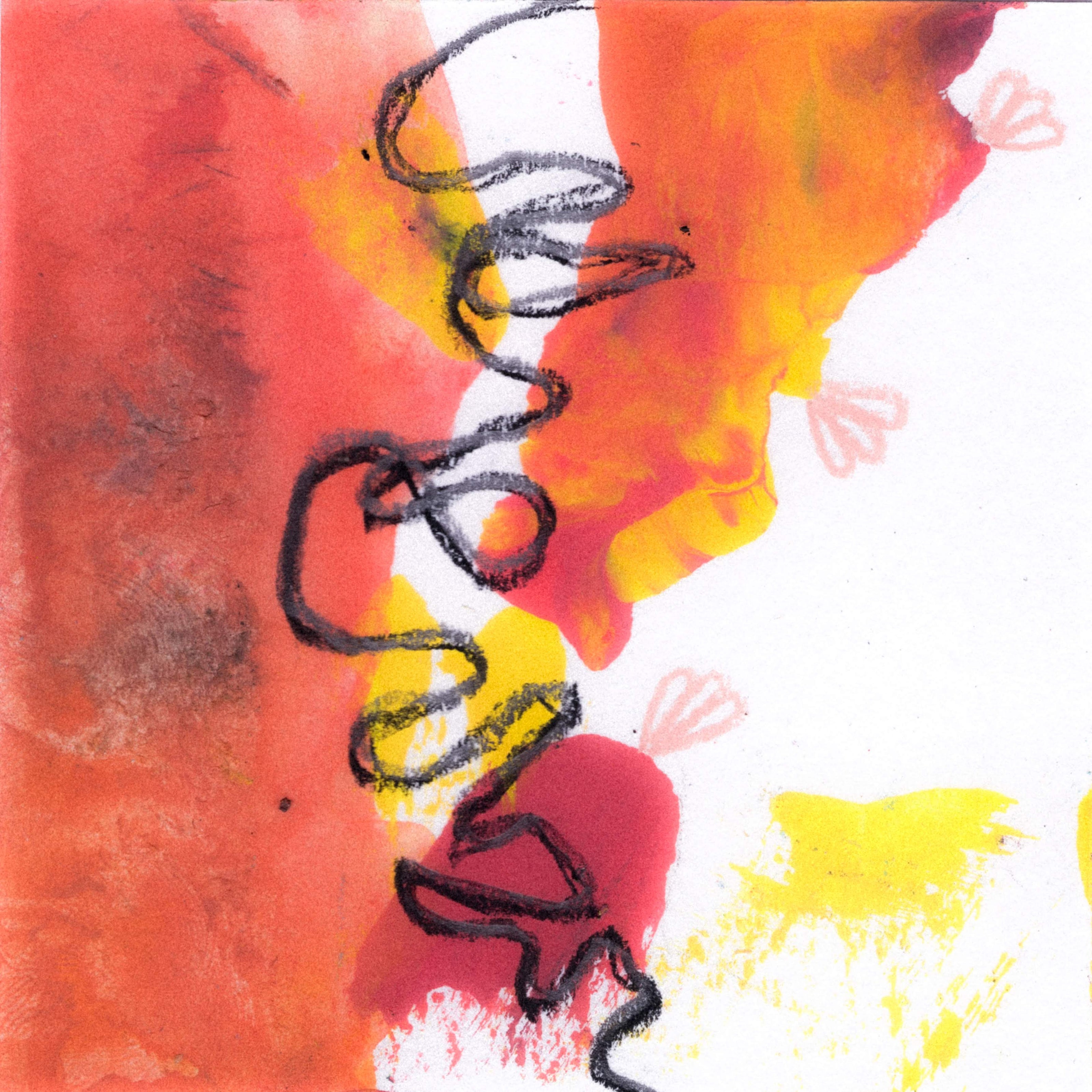 An undulating black line down the middle of the page. an orange and yellow splatter across the left side, white on the right. Small pink flowers stick out from the orange side. 356/365 of the 000/365 collection by charming cavatica