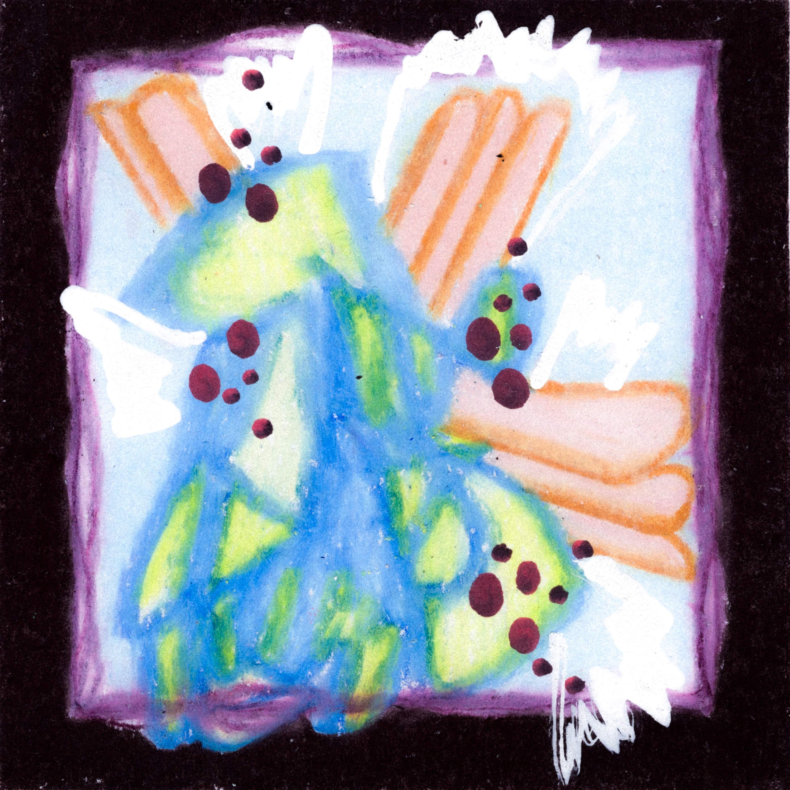 A royal blue scribble. the inner sections of the scribble are filled in with lime green. Orange spikes sticking out of the scribble. a black and purple boarder around the scribble with red dots scattered throughout. 357/365 of the 000/365 collection by charming cavatica