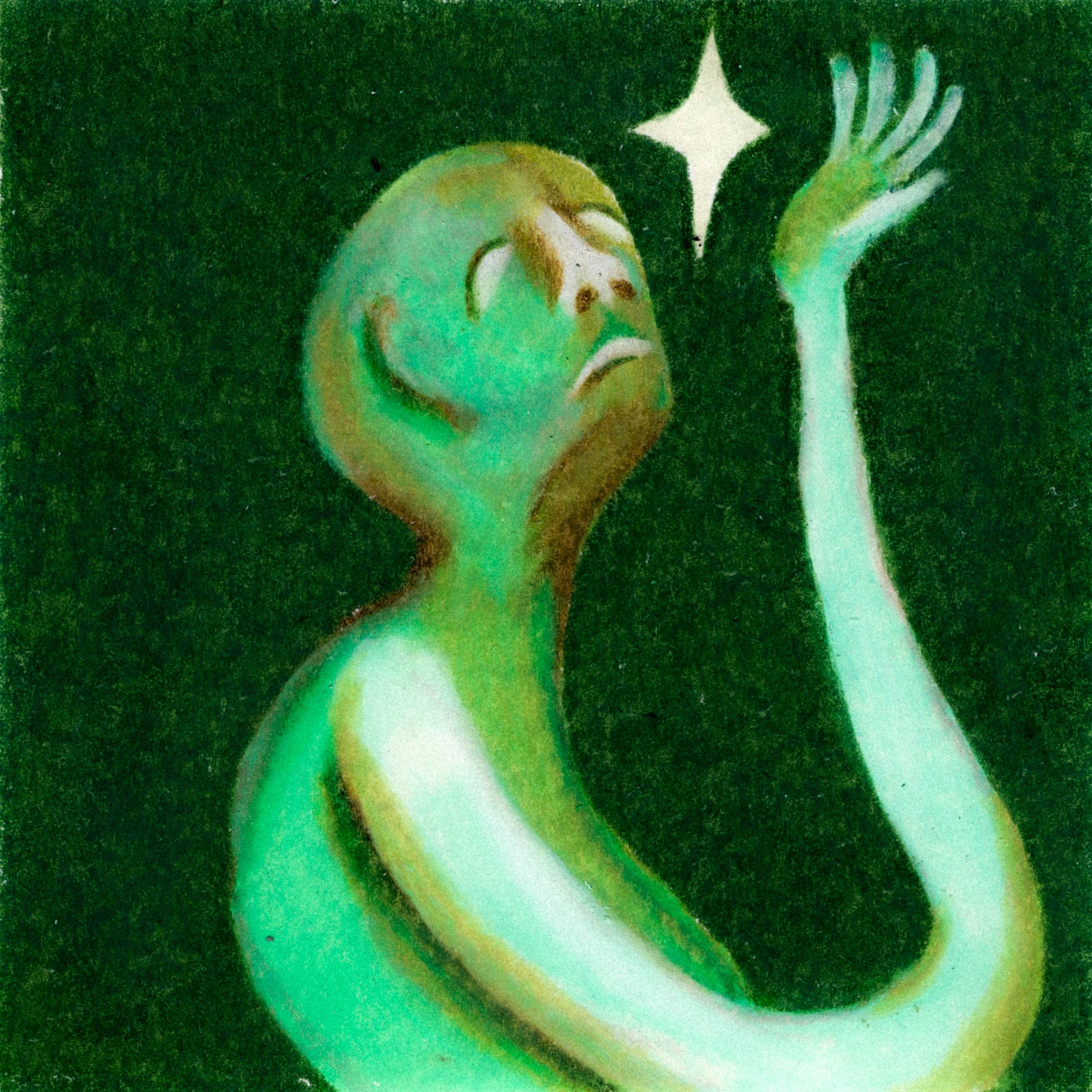 A lime green alien-like figure with a very long arm holding a 4 pronged star on a dark green background. 358/365 of the 000/365 collection by charming cavatica