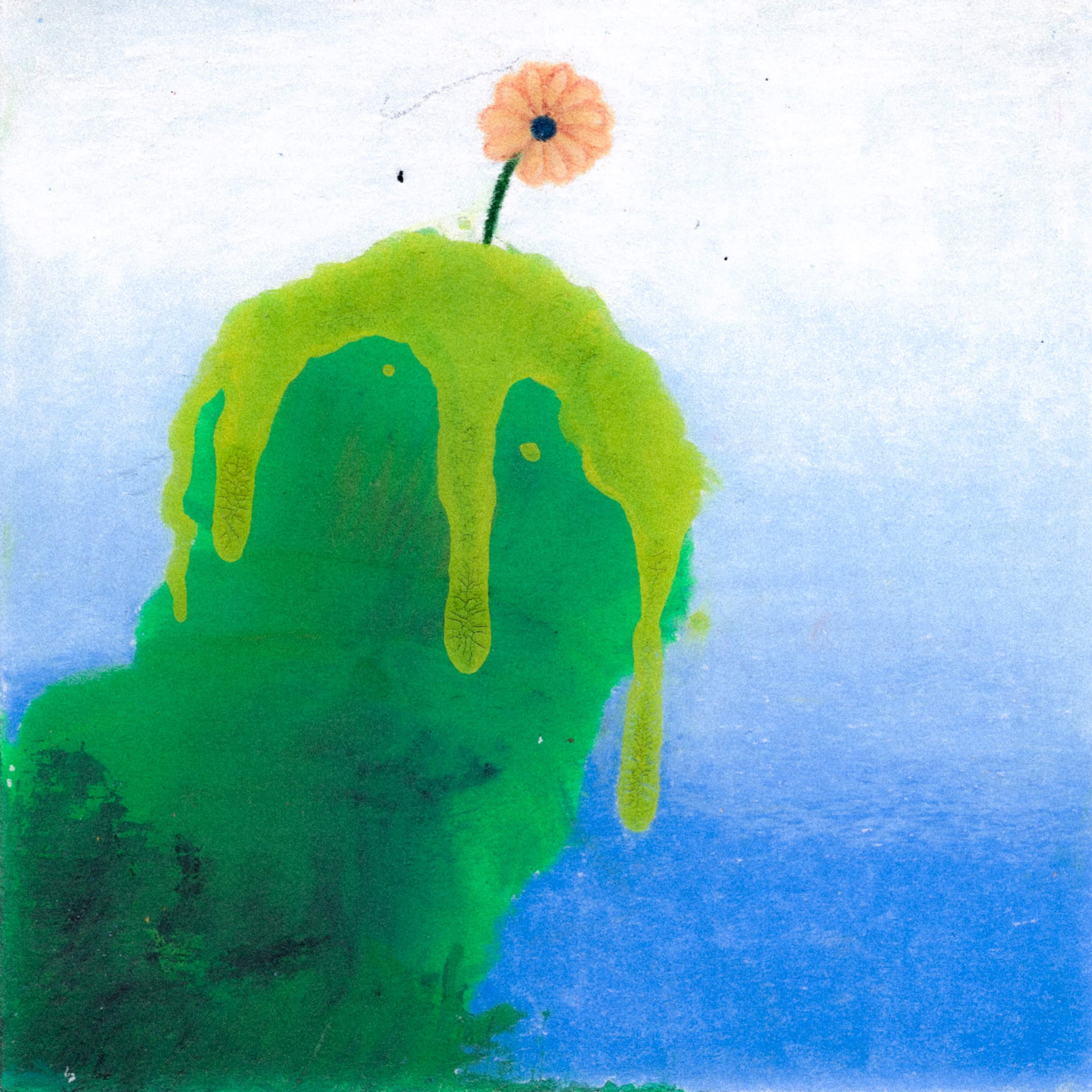 A small green mountain with a yellow flower atop. A blue sky in the background. 359/365 of the 000/365 collection by charming cavatica