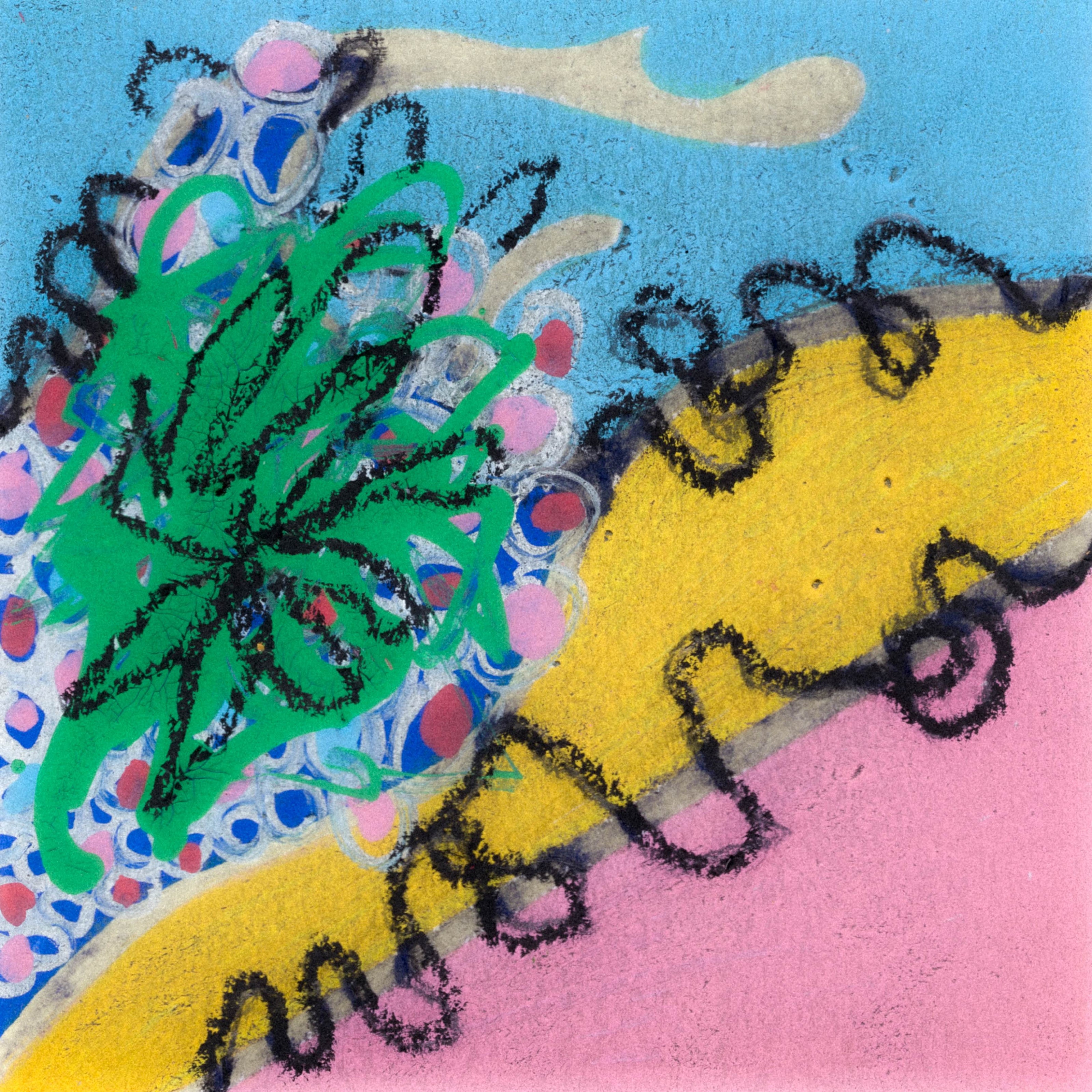 3 diagonally split sections in blue, yellow, and pink with a black undulating line separating each section. S scribble of green above red and pink dots with a messy black flower scribbled to the left of the page. 360/365 of the 000/365 collection by charming cavatica