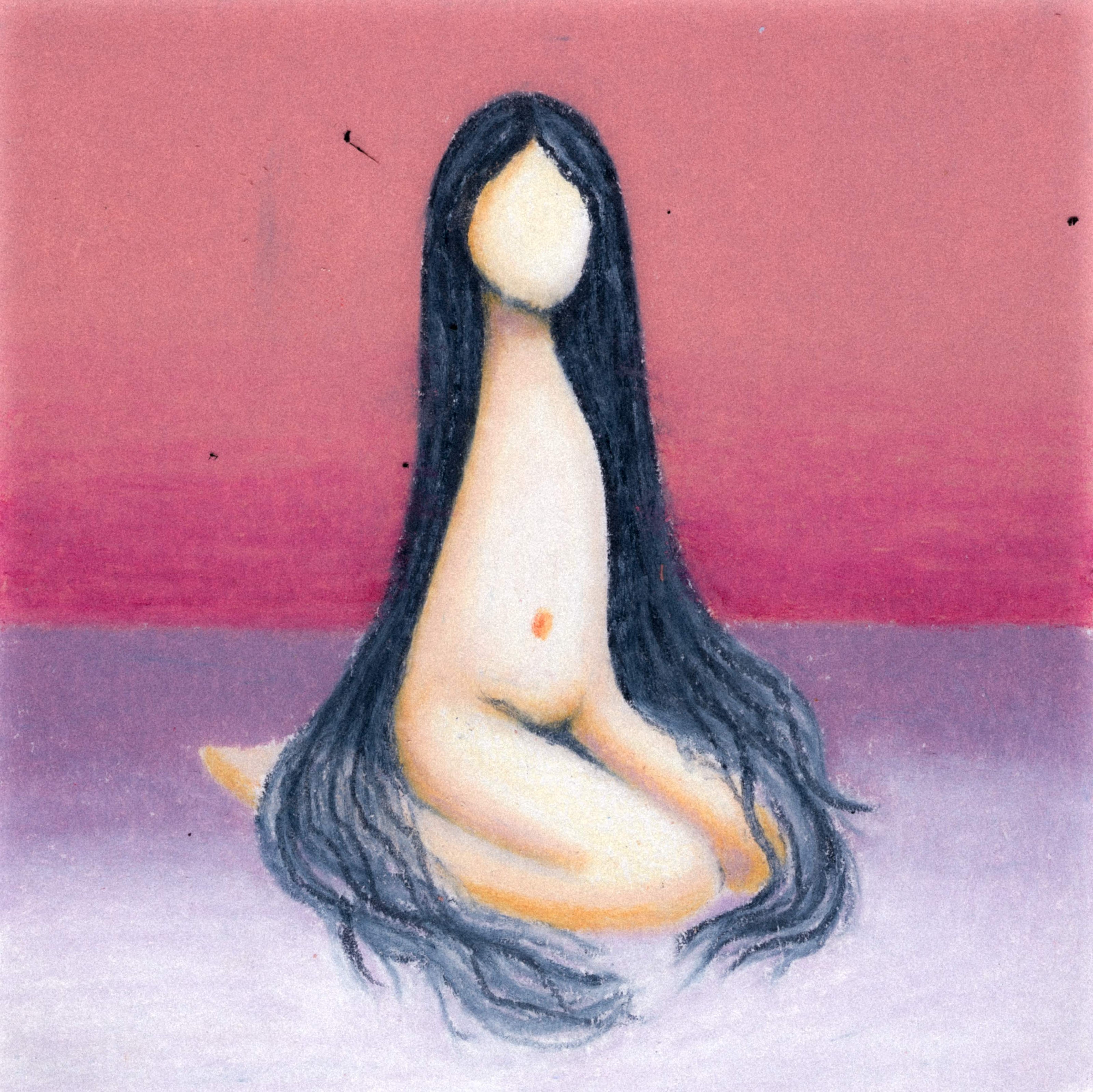 a minimalistic, featureless kneeling woman with peach skin and floor-length black hair. 364/365 of the 000/365 collection by charming cavatica