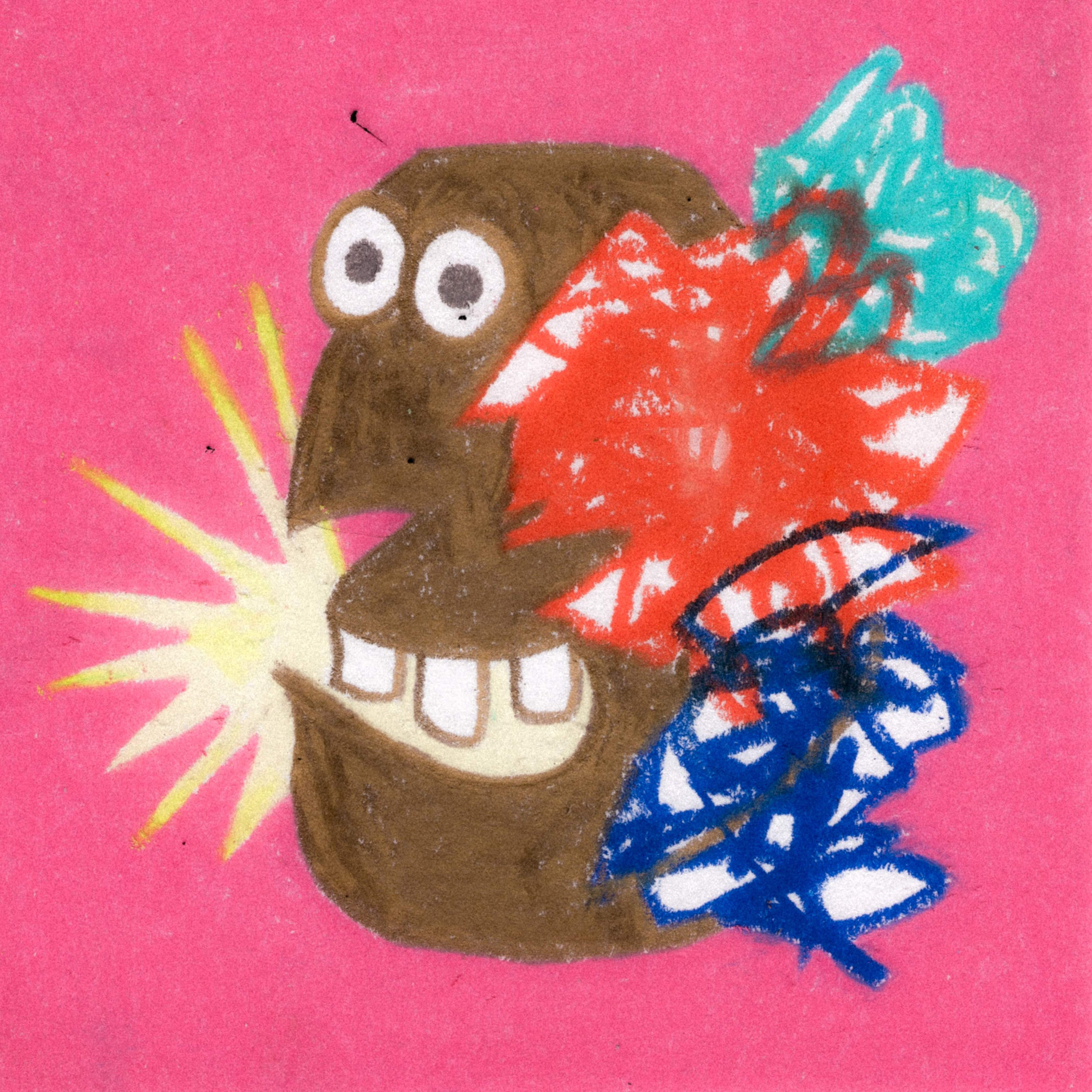 A goofy bronze face with 3 large teeth and a yellow starburst coming from the mouth. A royal blue, orange, and teal scribble atop the right cheek and temple. 364/365 of the 000/365 collection by charming cavatica