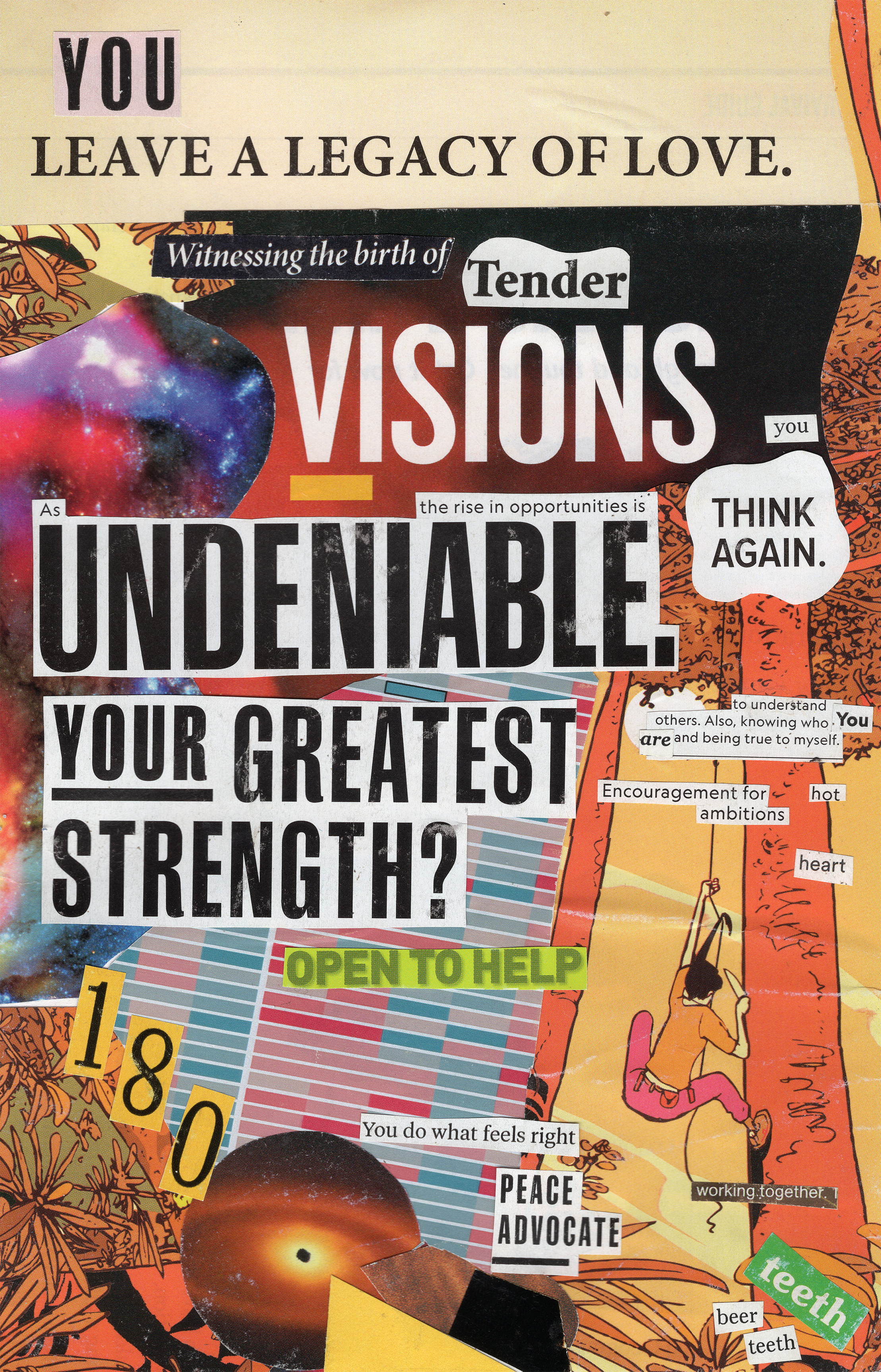 Collage with text and abstract designs on a colorful background