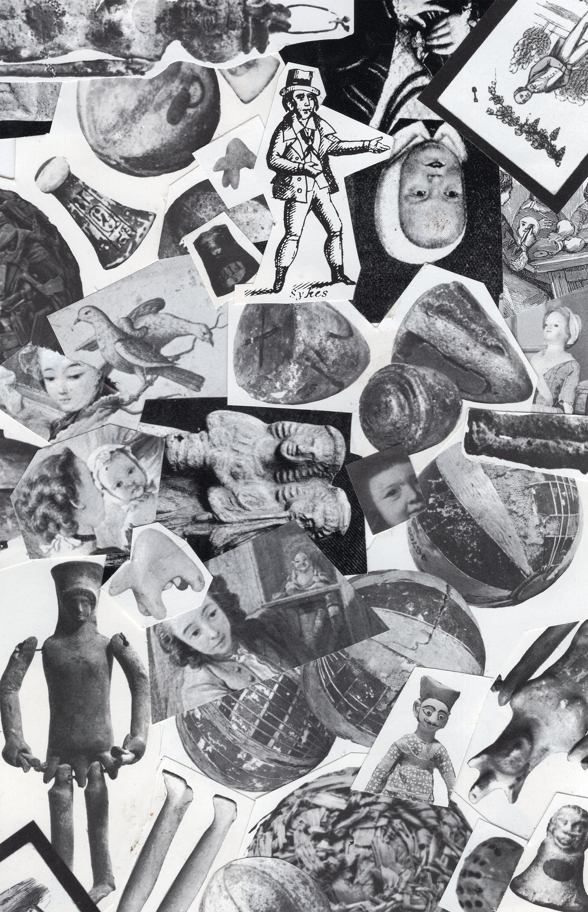 Collage of vintage-style illustrations and objects in black and white.