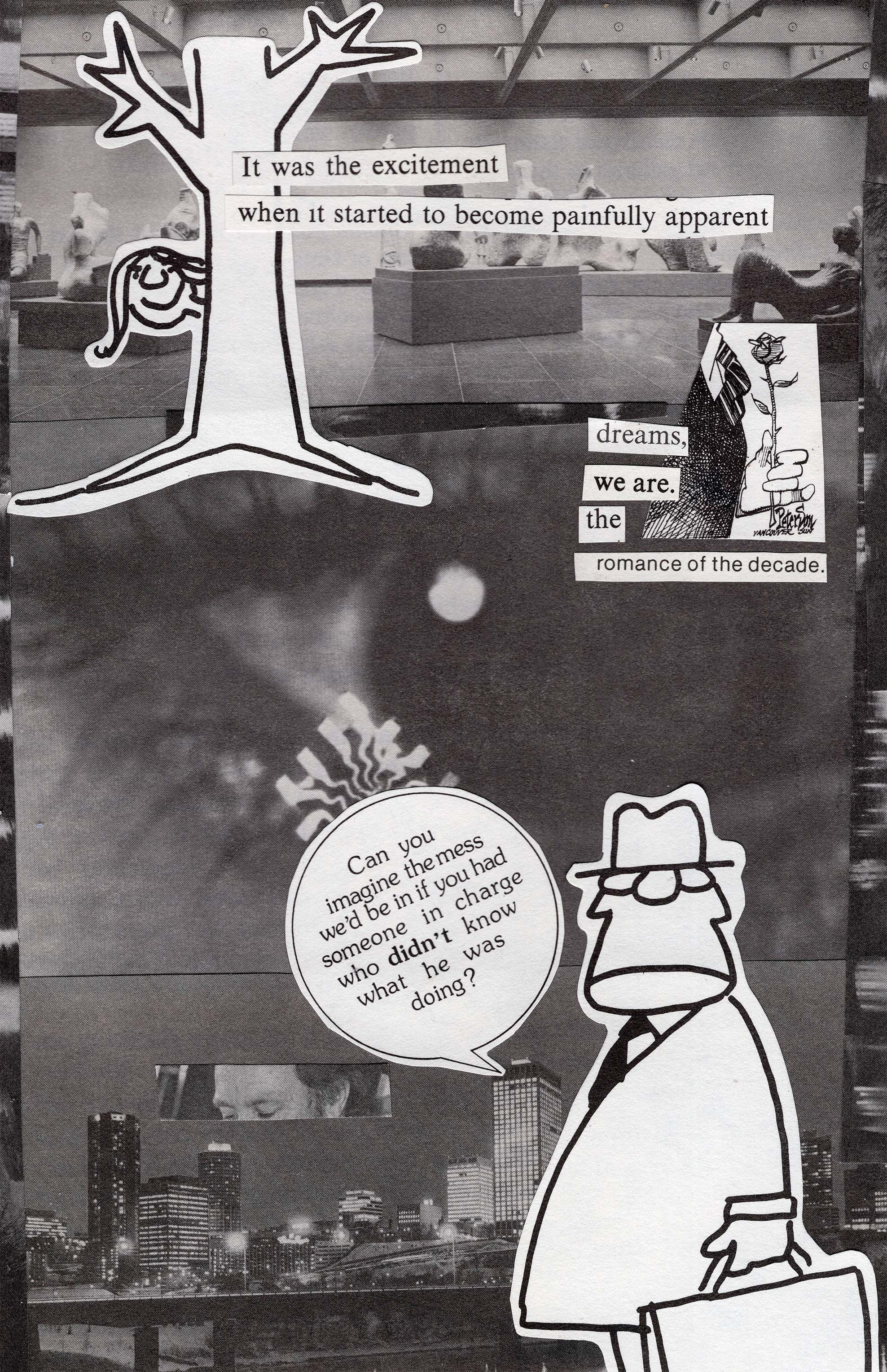 Collage with black and white illustrations and text on a textured background