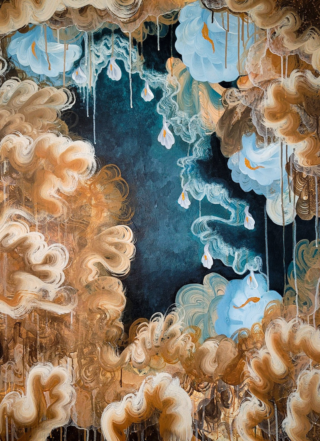 An abstract painting representing deep-sea coral, flowers, and billowing water as if in a small cavern