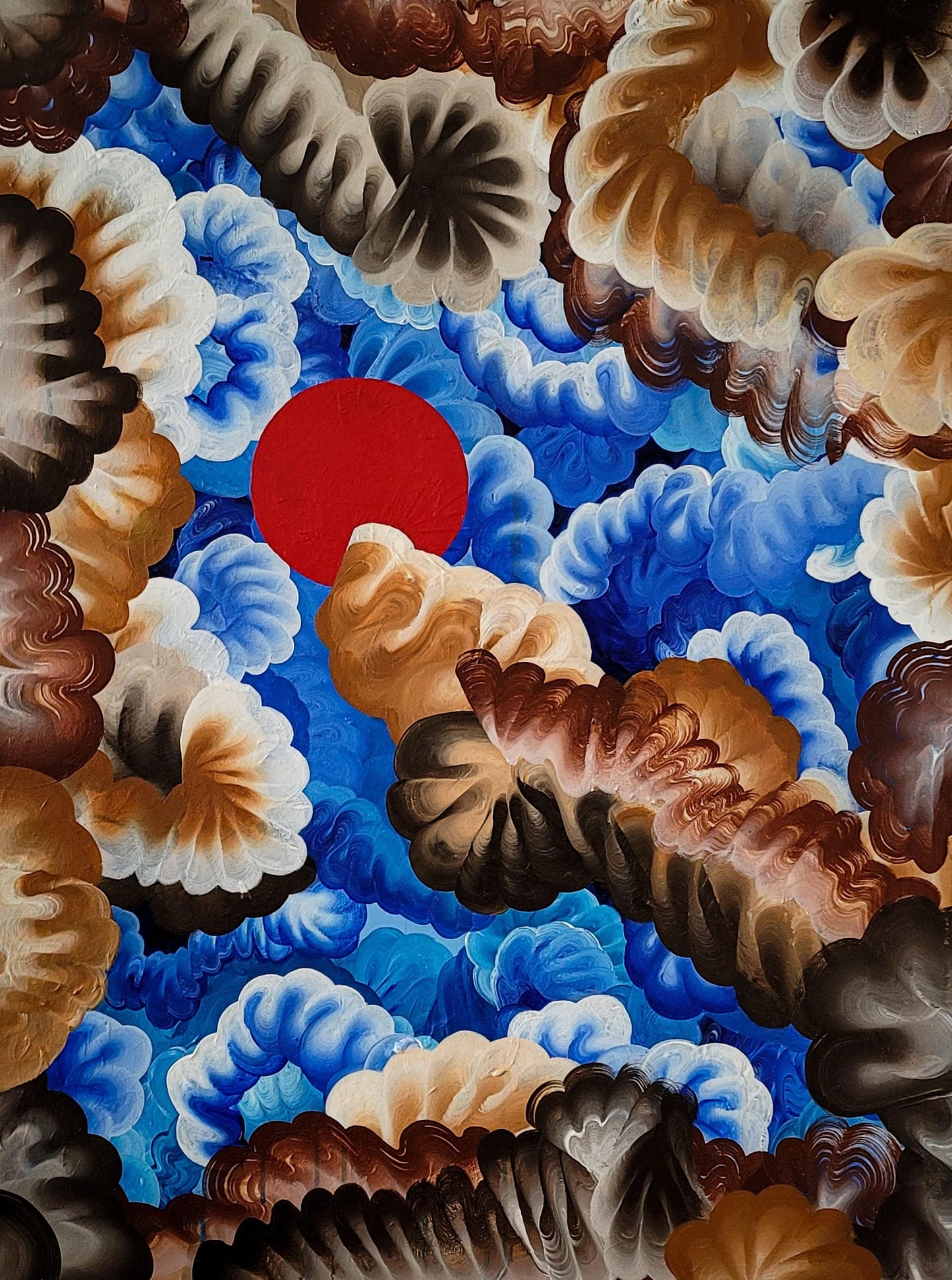 A series of undulating lines surrounding a large cherry red dot. The background undulating lines are in shades of blue and white, while the outer frame are in shades of deep brown, chestnut, and burnt umber. A wobbling brown-toned diagonal line shoots from the bottom left of the frame to gently caress and "hold" the bright red dot.